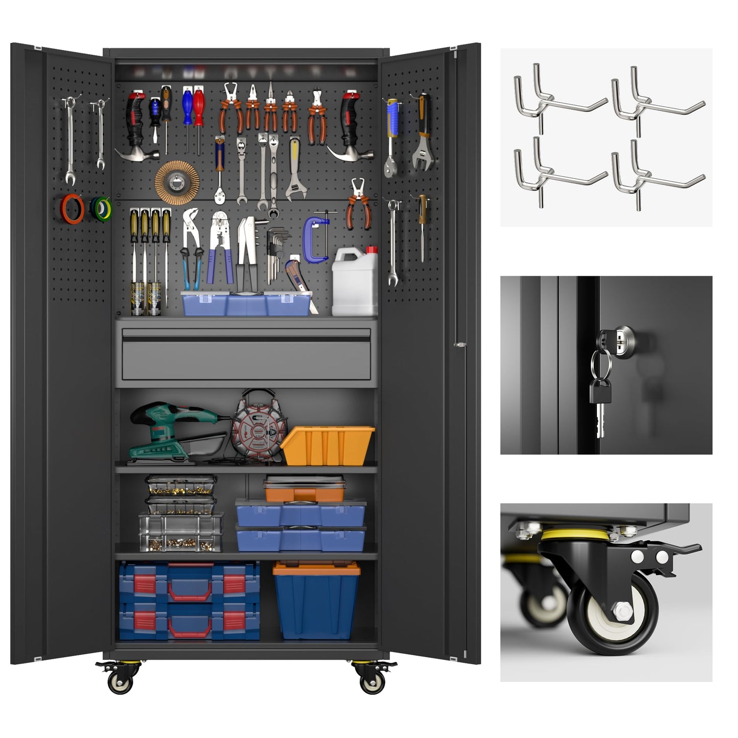 Reemoon 71" H Garage Storage Cabinet with Wheels and Doors,Metal Tool Storage Cabinet with Pegboard and Drawer for Garage Warehouse Home,Required Assembly,Black