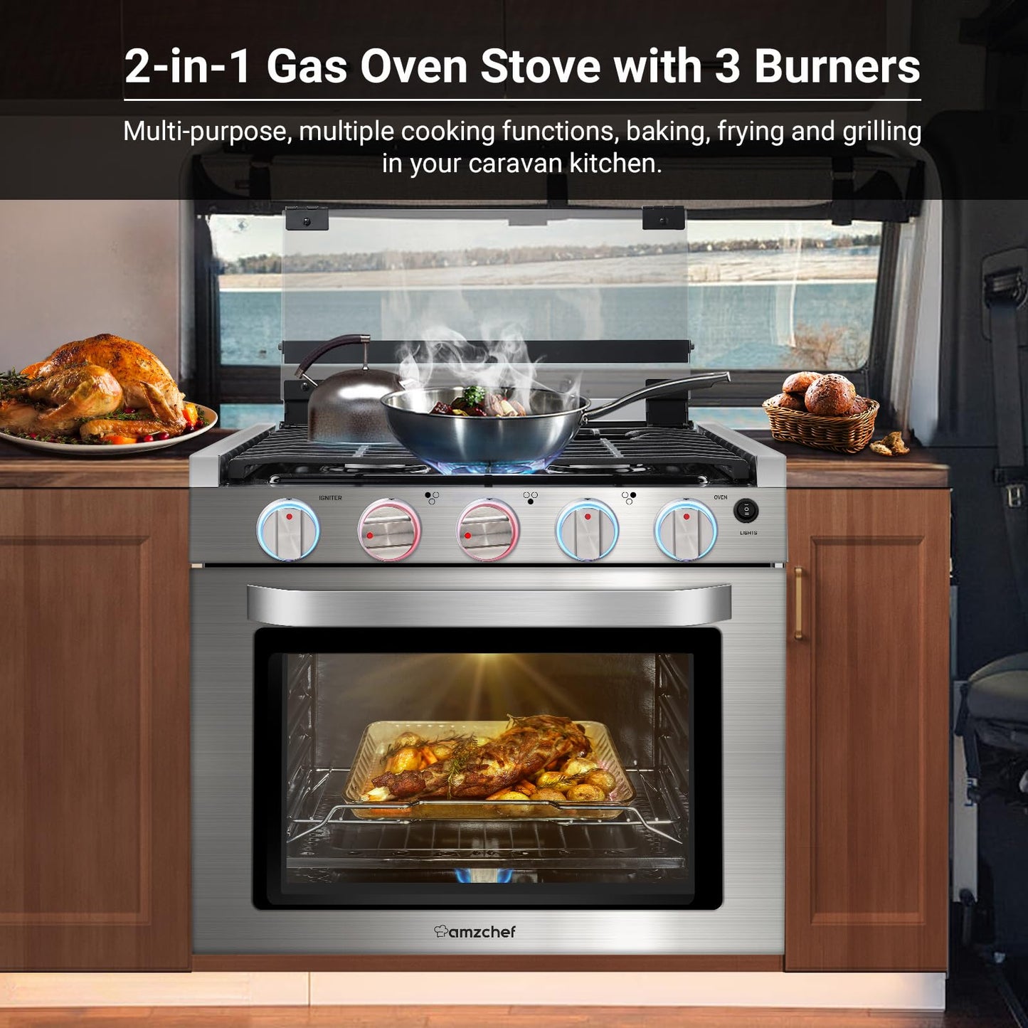 AMZCHEF RV Gas Range Stove 12V. Range Oven for RV Use with 3 Burners,Gas Oven, 28,100BTU, Open Flame Configuration, Knob work indicator, Heavy Duty Cast Iron Grates (Large 21 inch)