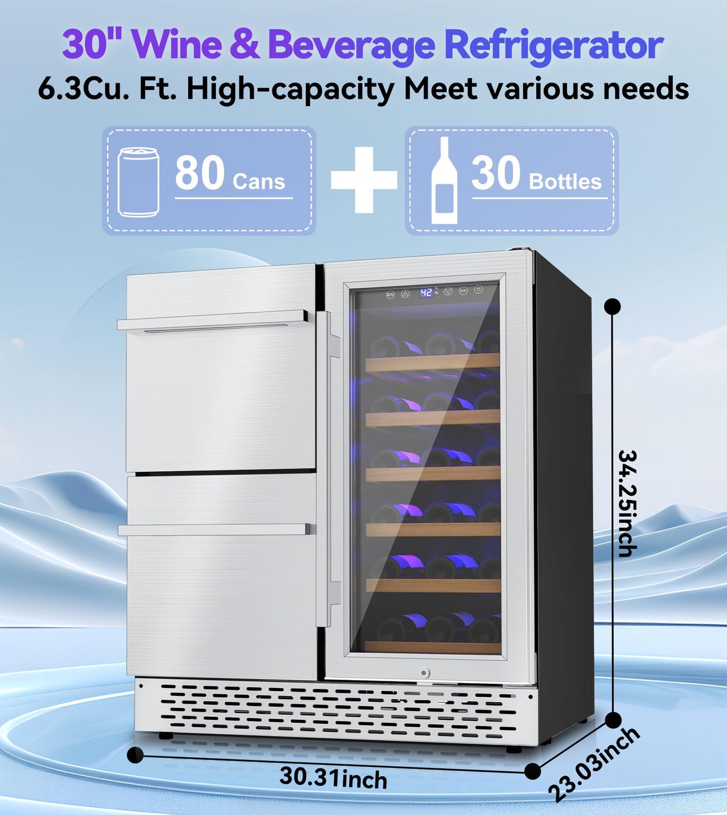 RLPI 30'' Outdoor Wine and Beverage Refrigerator 80 Cooler, 2 Drawer Dual Zone Wine Fridge with Intelligent Control Advanced Compressor Under Counter Freestanding for Patio Bar Cabinet