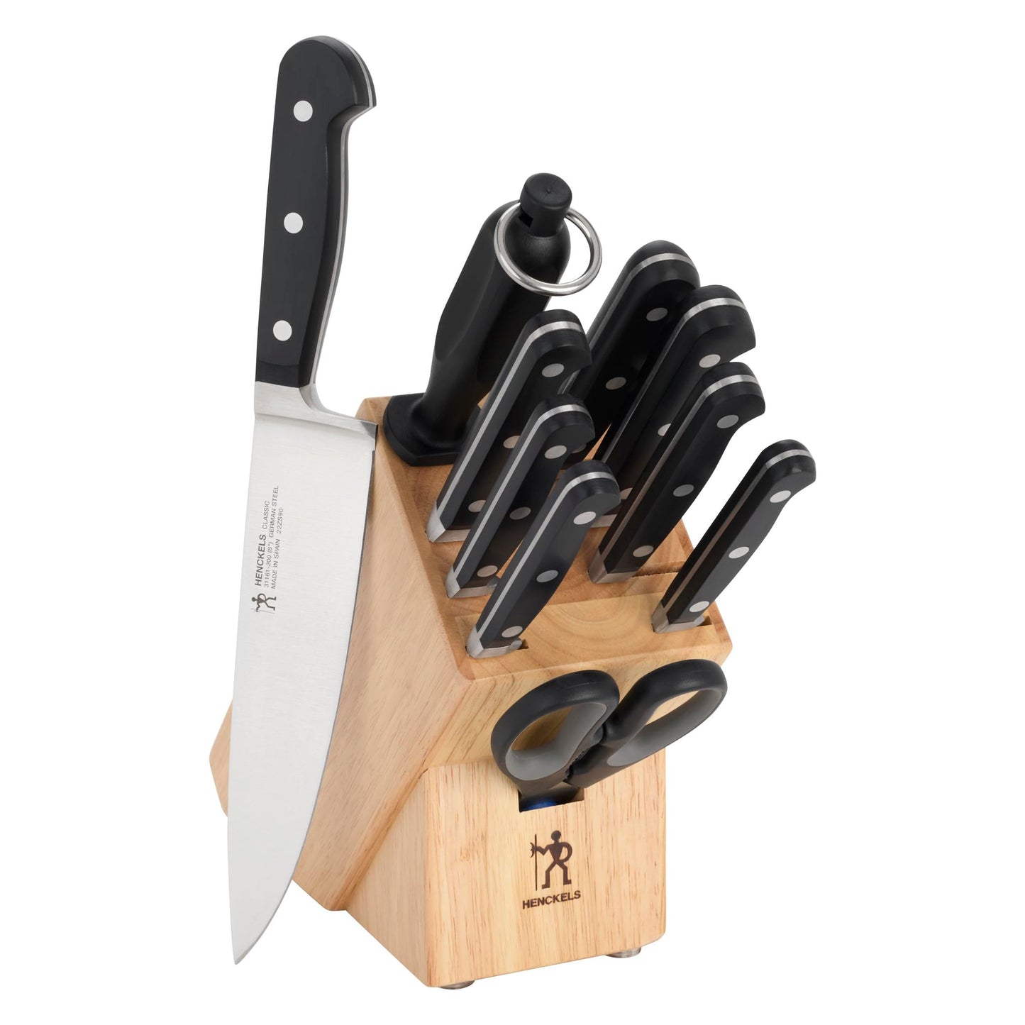 HENCKELS Classic Razor-Sharp 11-Piece Knife Block Set, Chef Knife, Bread Knife, Carving Fork and Knife, German Engineered Informed by 100+ Years of Mastery, Natural Block