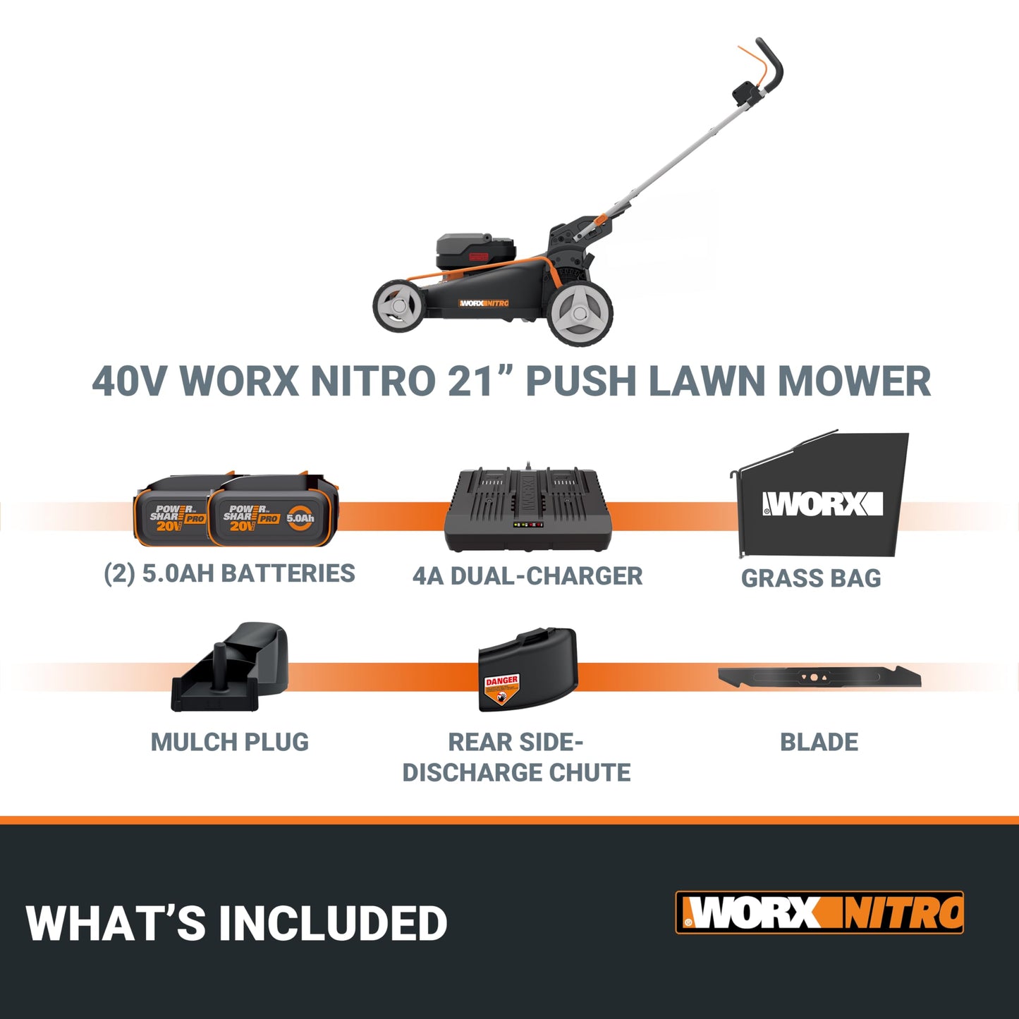 WORX Nitro 21" Cordless Lawn Mower, Brushless Electric Mower for 1/2 Acre, Push Lawn Mower with 7-Position Height Adjustment, 2 × 5.0 Ah Batteries & Charger Included, WG752