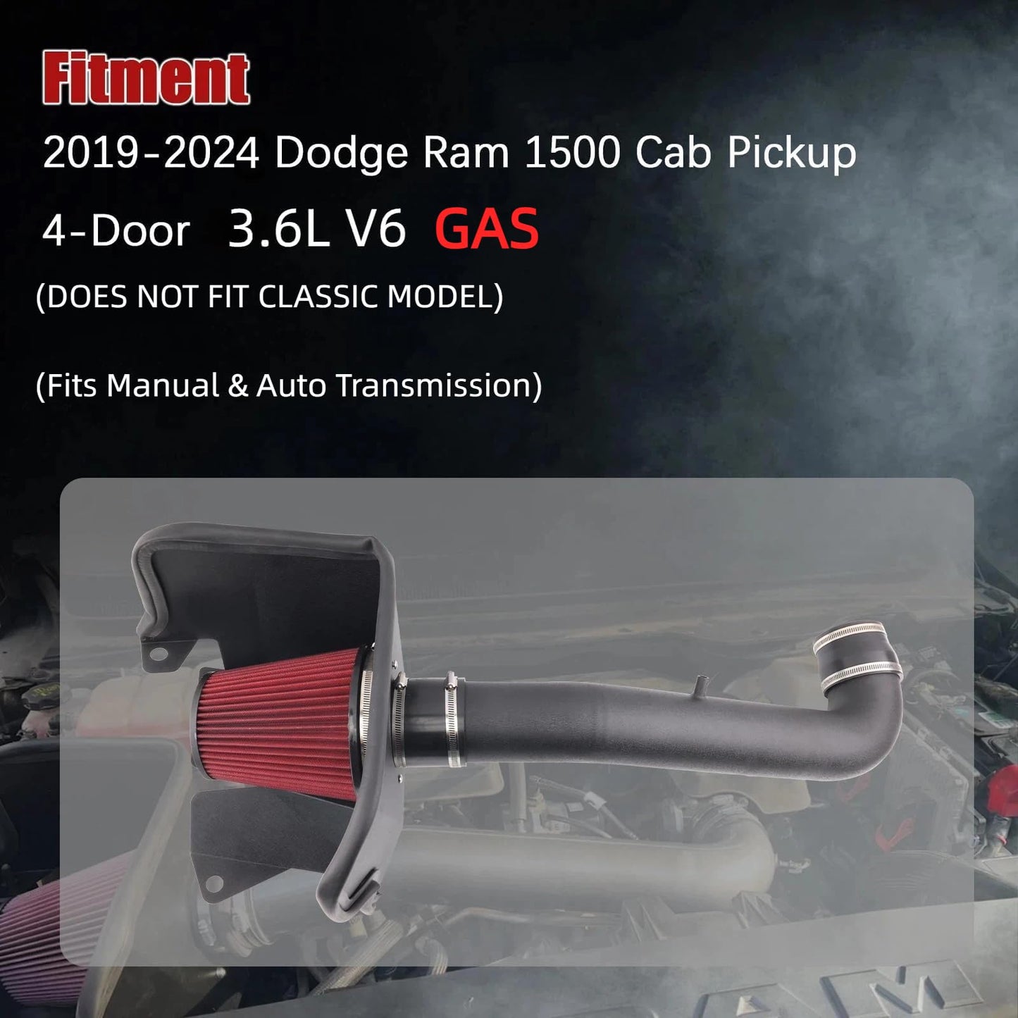 Cold Air Intake Compatible with 2019-2024 Dodge RAM 1500 3.6L V6 GAS Increased Horsepower & Throttle Response, //DOES NOT FIT CLASSIC MODEL// //Fits Manual & Auto Transmission//