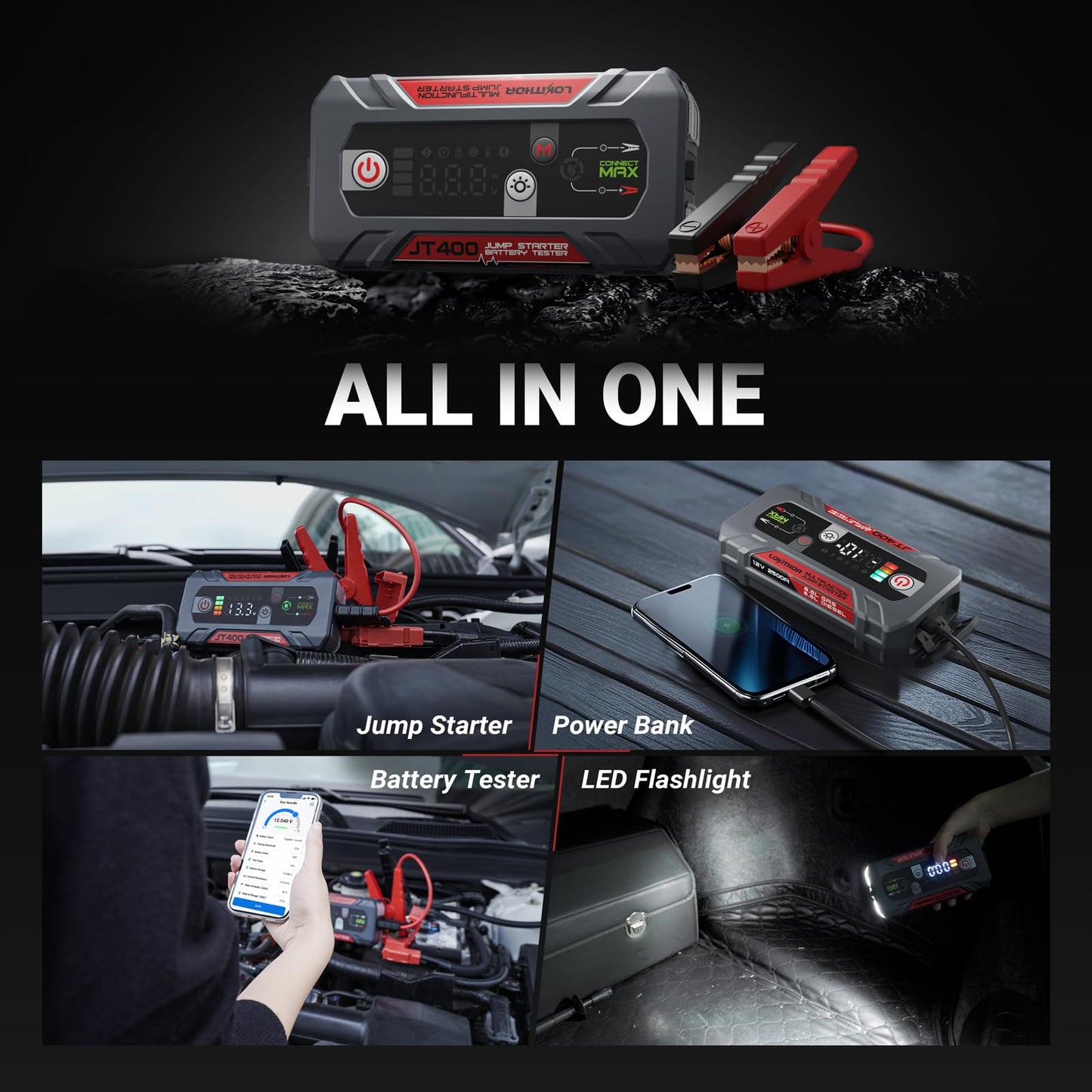 LOKITHOR JT400 2500A Jump Starter with 12V Battery Tester and J1350 PRO LiFePO4 1350 Amp Jump Starter