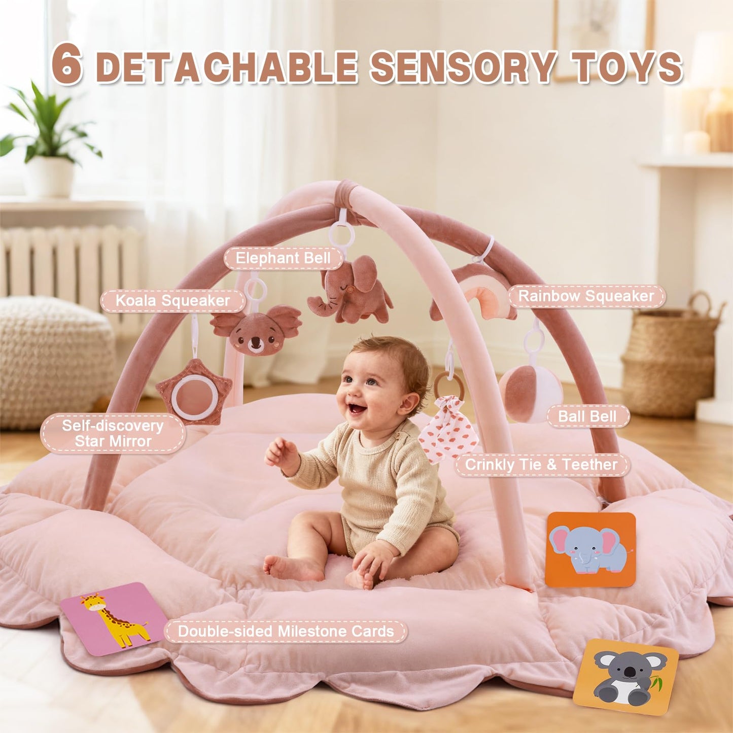 5-in-1 Baby Activity Gym & Play Mat with 6 Hanging Toys, Tummy Time Mat & Cards - Extra Large, Reversible Machine Washable Pad - Gift for Newborns, Infants 0-12 Months, Pink