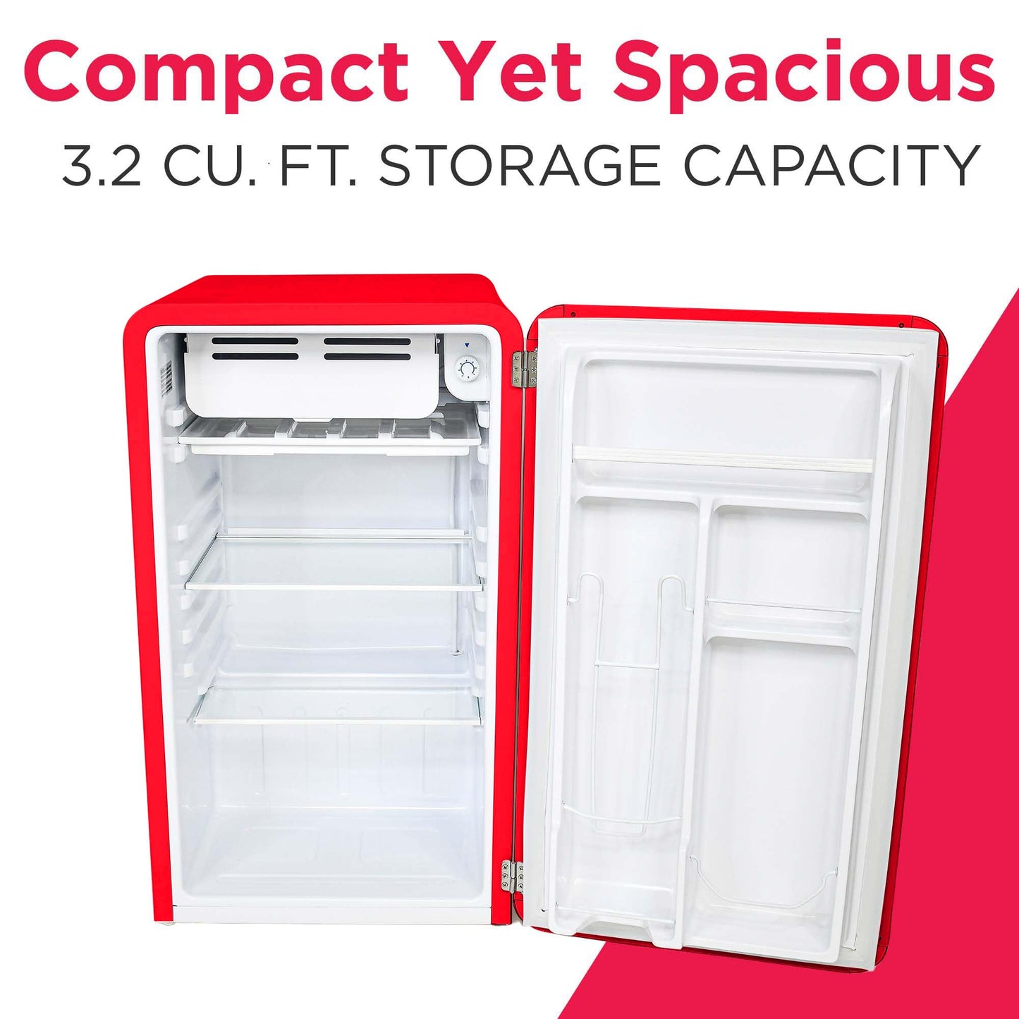 Frigidaire Retro Compact Refrigerator with Chiller, 3.2 cu ft Countertop Fridge, Built-In Bottle Opener, Rounded Corners, Premium, for Office, Bedroom, Dorm Room, Cabin, 18.5D x 20W x 31.5H (Red)