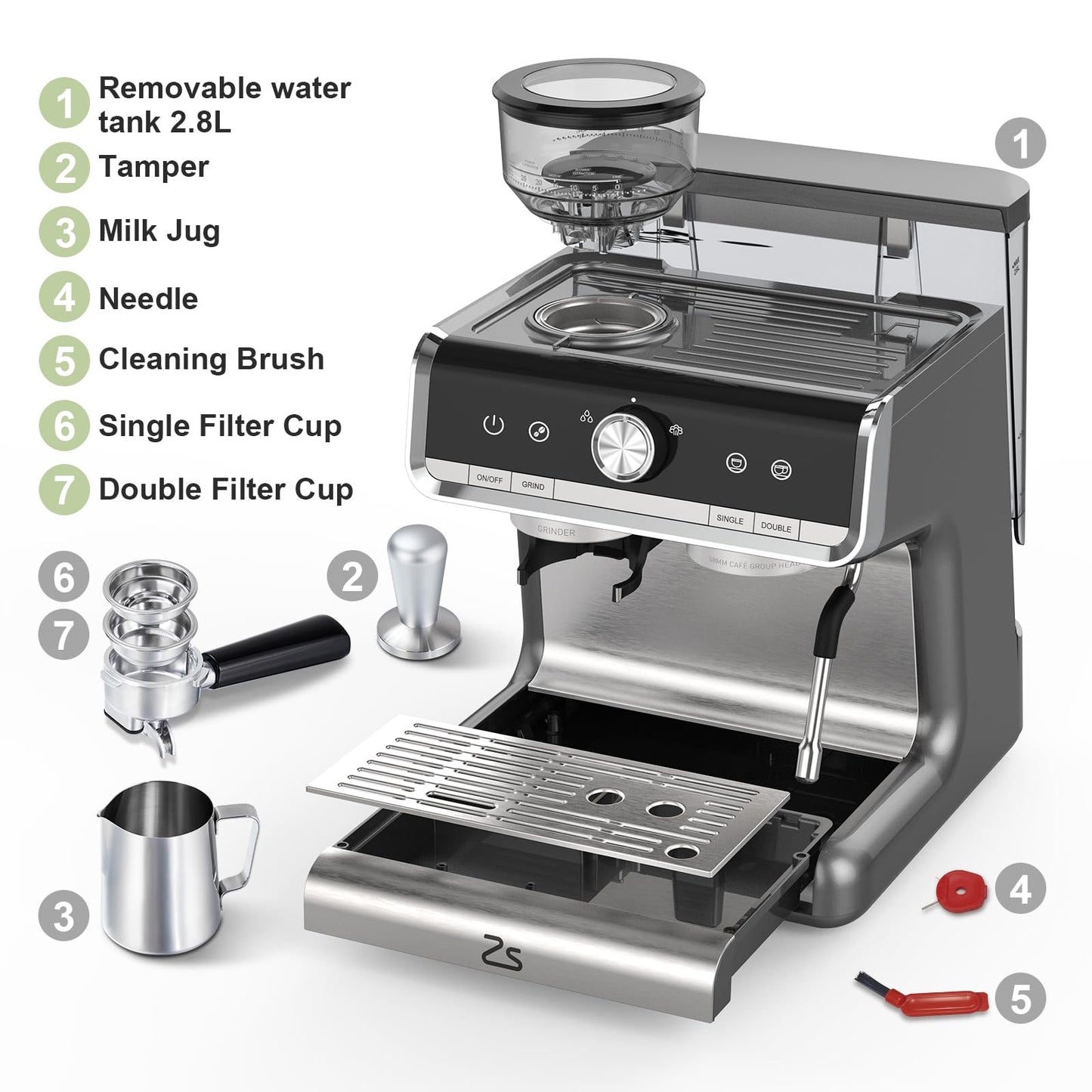 Garvee Espresso Machine With Grinder, 20 Bar Professional Coffee Maker With Milk Frother Steam Wand for Cappuccino, Latte, Macchiato, 95 oz Removable Water Tank, Smart PID Temperature Control