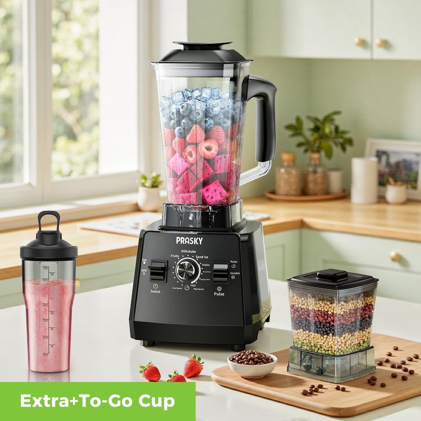 Blender, Smoothie Blenders, PRASKY Max.2400Watts/1000Watts Kitchen Blender and Grinder Combo 25000RPM Powerful Kitchen 68oz BPA Free 2 Containers Countertop Blenders Ice Crushing