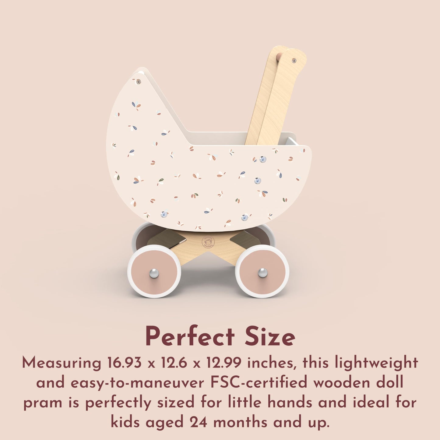 SPEEDY MONKEY Wooden Doll Stroller Pram | Pretend Play Push Toy for Toddlers | Kids’ Baby Doll Walker with Soft Bedding | Durable Role-Play Stroller for Imaginative Play & Nursery Decor