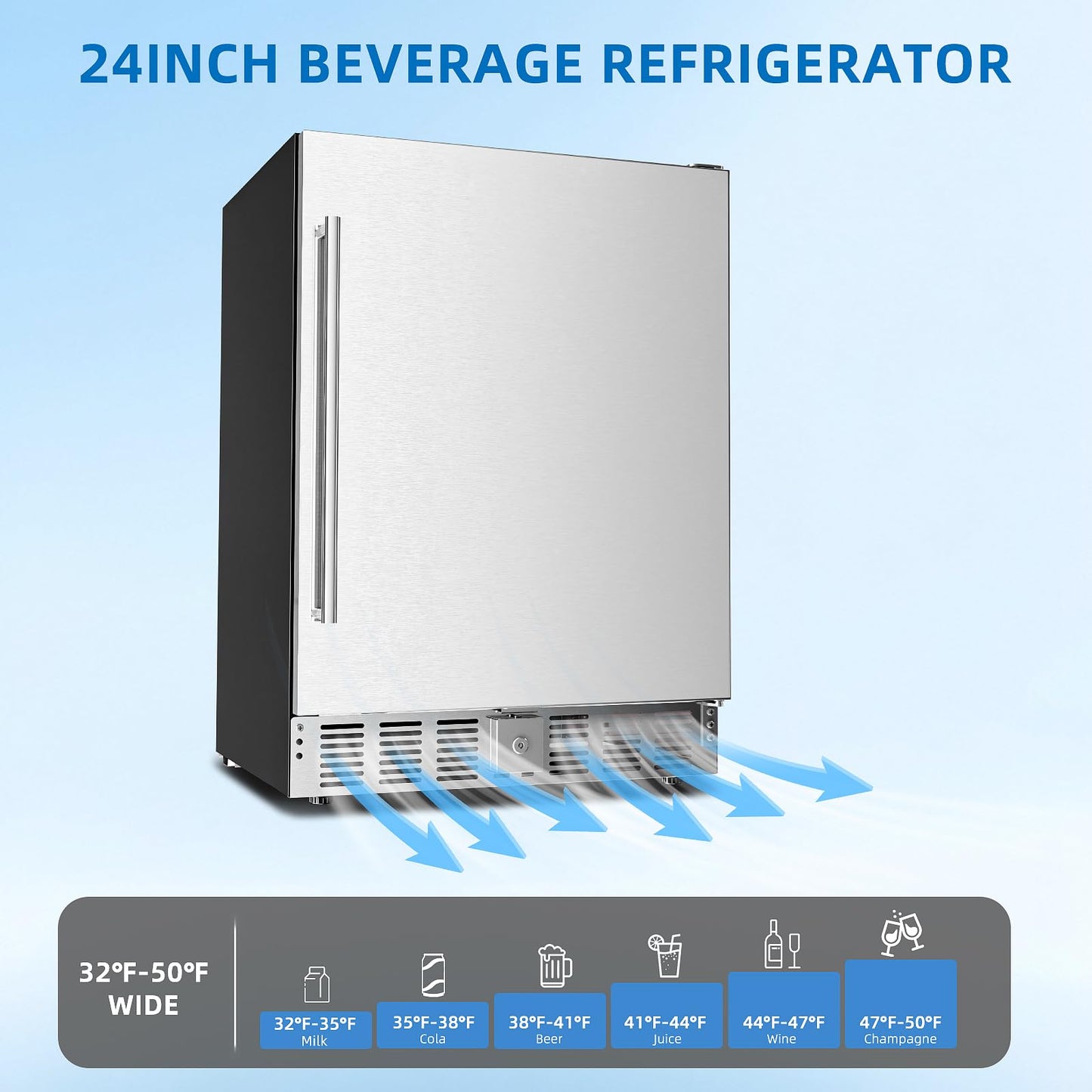 Antarctic Star Outdoor Beverage Refrigerator 24 Inch Wide,Stainless Steel Mini Fridge 180 Can for Undercounter Built-in or Freestanding, Wine Cooler for Home and Patio,Fast Cooling, Low Noise, 32-50°F