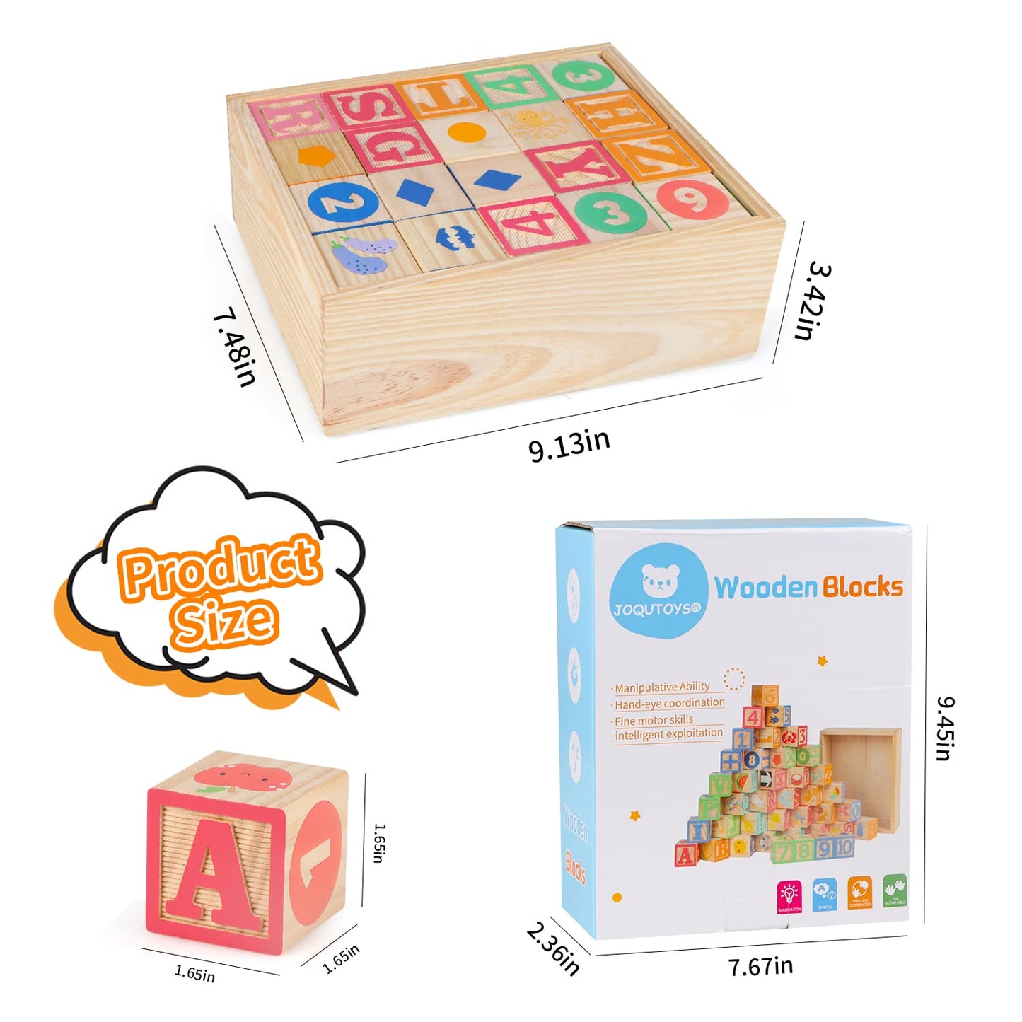 Joqutoys ABC Wooden Building Blocks for Toddlers 3 Large, 40 PCS Alphabet & Number Stacking Blocks with Storage Tray, Montessori Educational Learning Toys for Boys Girls Kids Gifts 1.65"