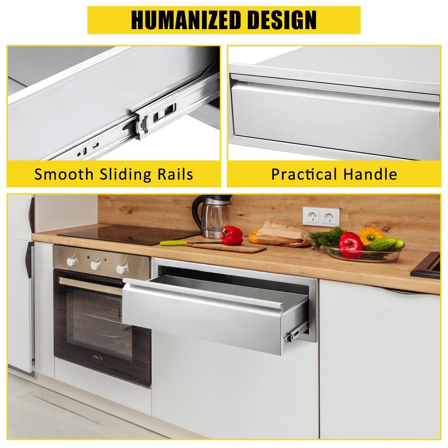GarveeLife Outdoor Kitchen Drawers - Stainless Steel Flush Mount Triple Access BBQ Drawers, with Divider, Venting Panel for BBQ Island Patio Grill Station, 30Wx23Dx10H inch