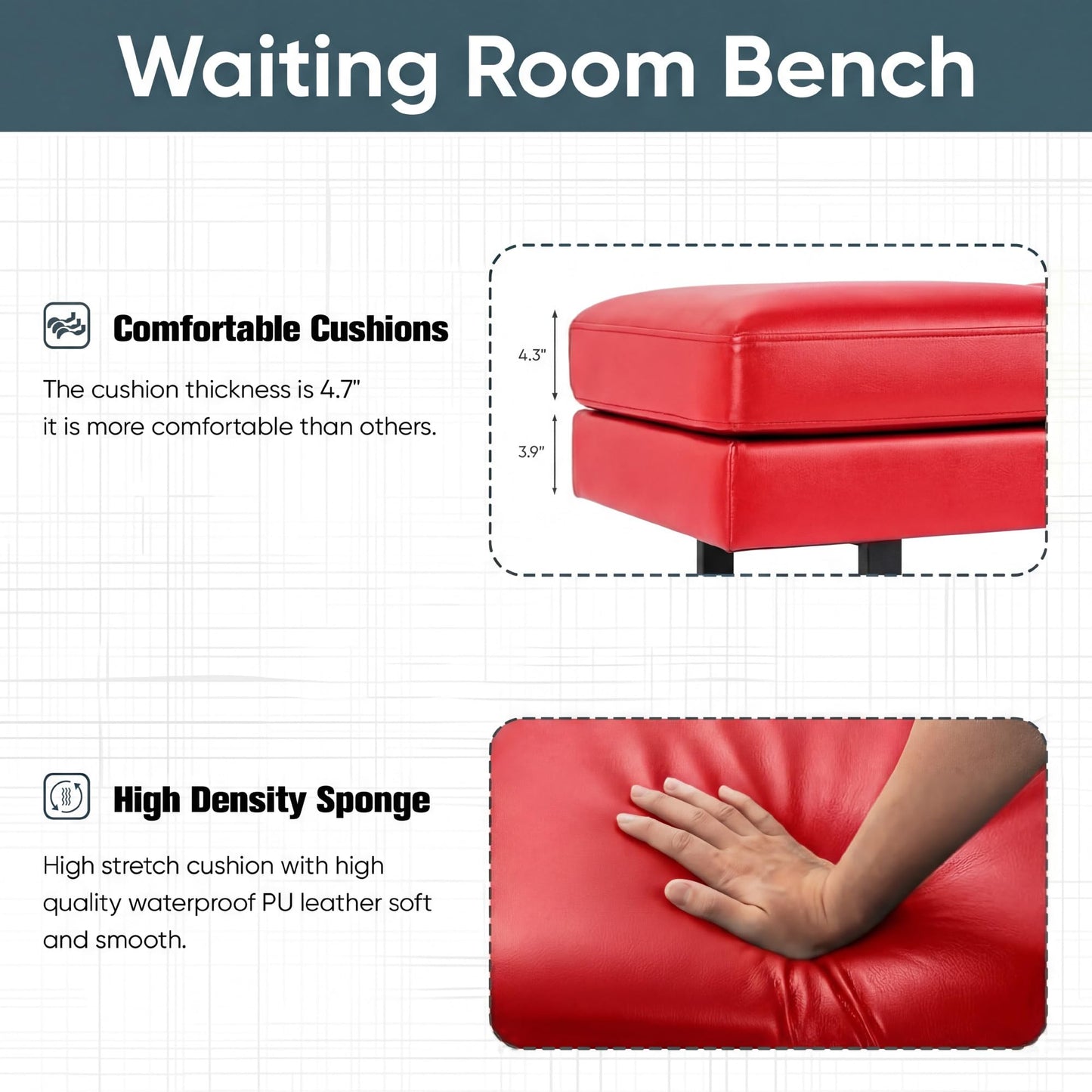 Shahoo 3 Seats Faux Leather Reception Bench, 60 Inches Office Guest Chair with Heavy-Duty Metal Legs, Upholstered Waiting Room Chairs for Office,Conference & Living Room, Red