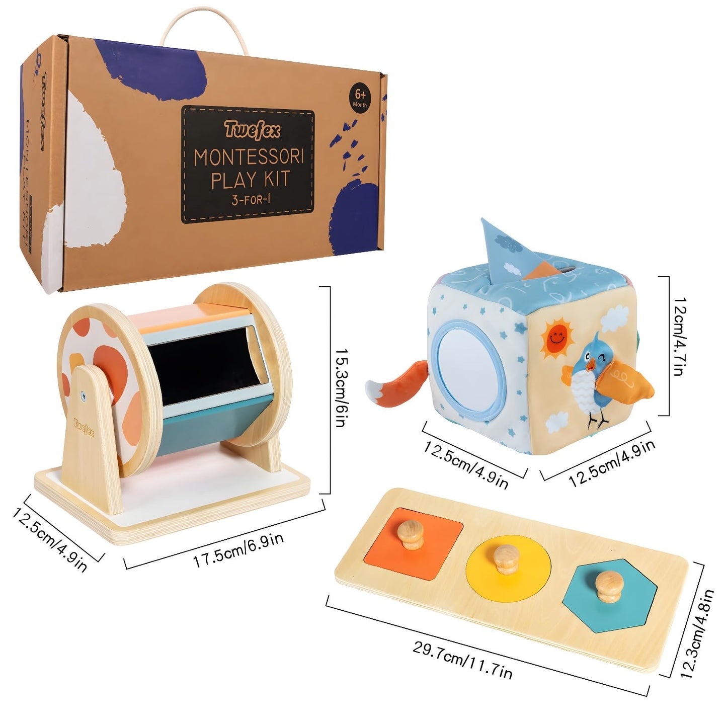 Twefex Montessori Toys for Babies 6-12 Months - 3 in 1 Baby Toys Play Kit - Medium Spinning Drum - Baby Tissue Box Toy - Peekaboo Knob Puzzle with Cards - Learning Educational Toy for Boys and Girls