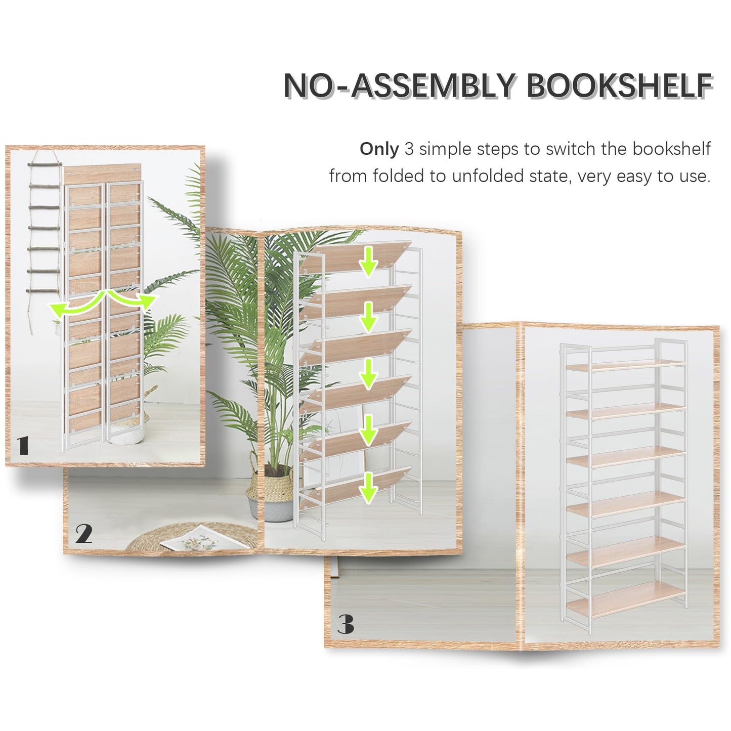 4NM No Assembly 6 Tiers Collapsible Book Shelves, 61.8" H Folding Bookshelf Bookcase Open Industrial Foldable Shelves for Bedroom, Living Room, Home Office - Natural White