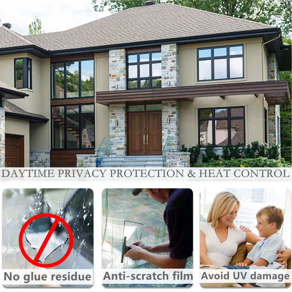 Arthome One Way Window Film Daytime Privacy Window Tint for Home UV Blocking Mirror Film Non-Adhesive Static Cling Heat Control Reflective Glass Film for Home and Office, Silver, 35.4 Inch x 32.8 Feet