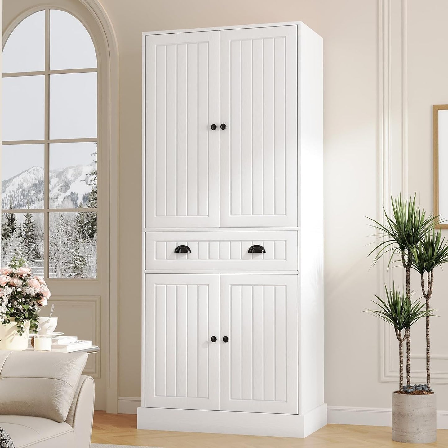 4 EVER WINNER 72" Tall Kitchen Pantry Cabinet, Food Pantry Cabinet with Storage Cabinets and Door Shelves, Farmhouse Cabinet with Adjustable Shelves and Drawers for Kitchen, Dining, Living Room, White