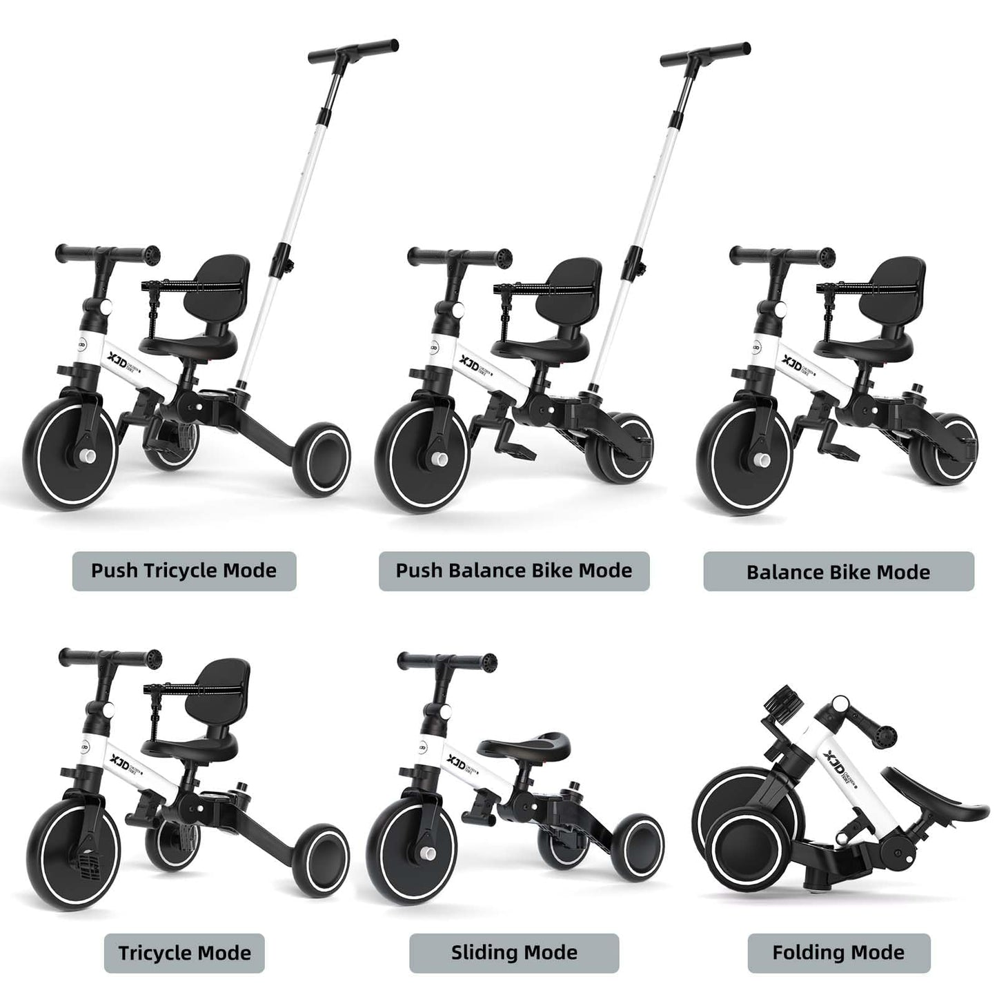 XJD Toddler Bike, 6 in 1 Folding Toddler Tricycle for 1-4 Year Old with Parental Control Handle, Balance Bike with Removable Pedal, Backrest, Adjustable Seat Height, First Birthday Gifts (White)