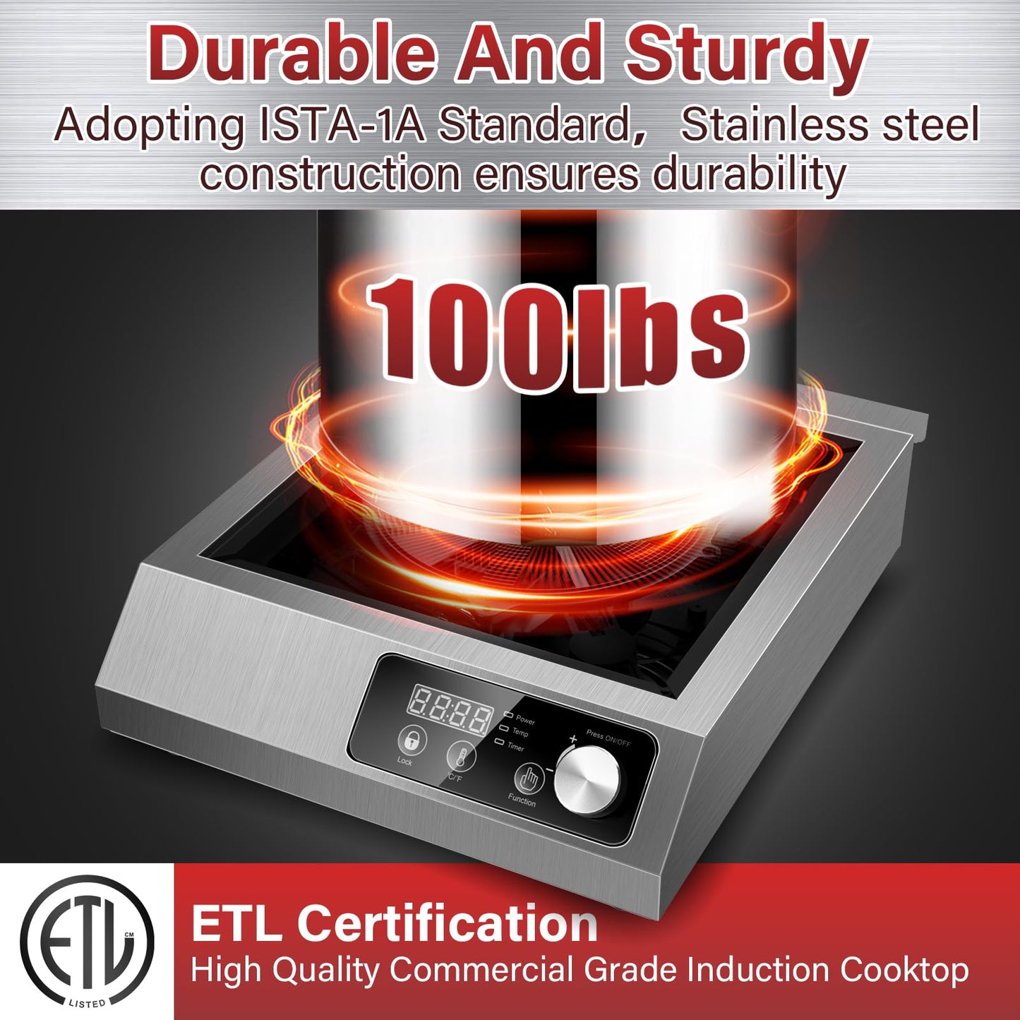 Zomagas 1800W Commercial Induction Cooktop: Features 10-Level Precision Power Control and Low-Noise Cooling for Home Chefs and Party Catering,With Knob and LCD Screen