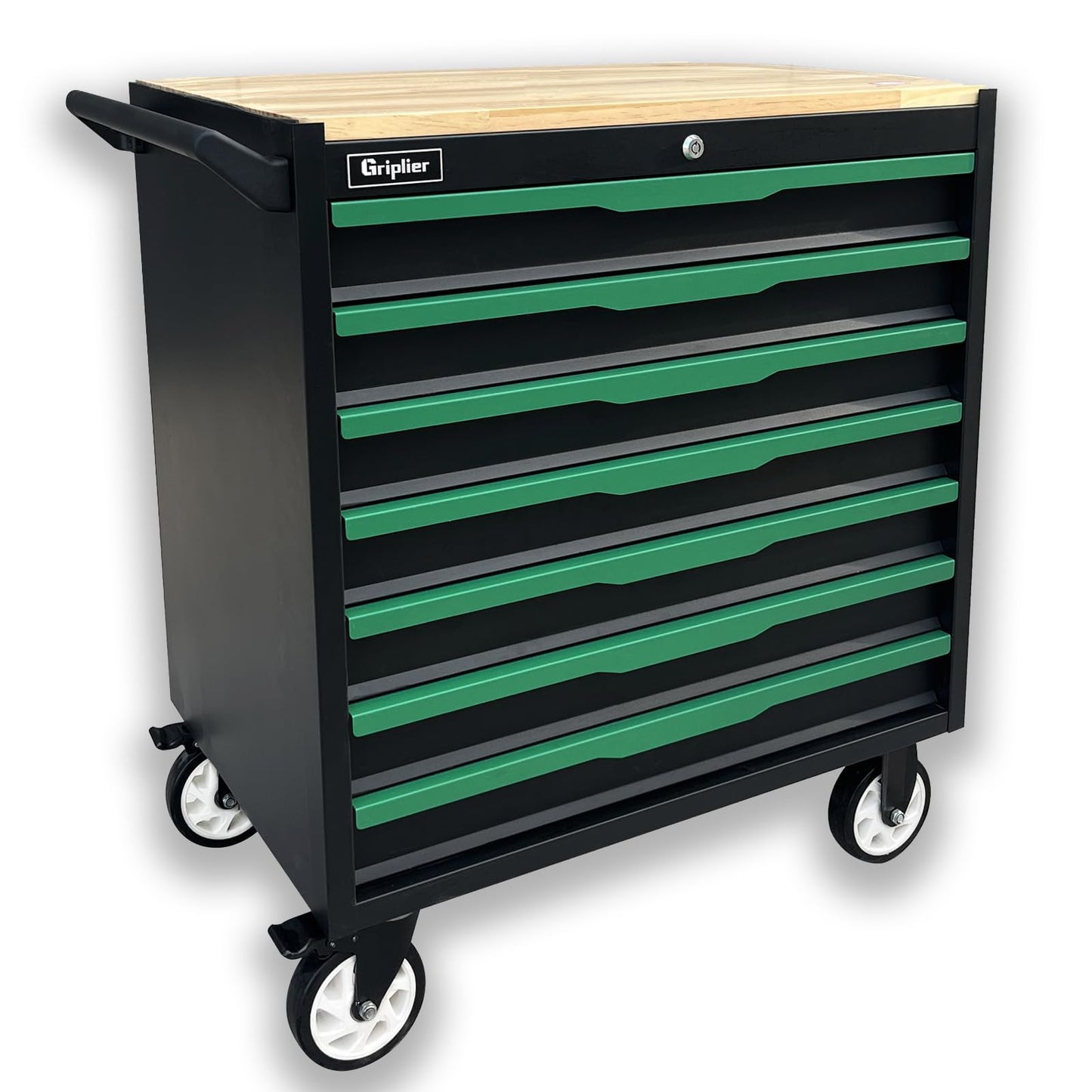 Griplier 7-Drawer Tool Chest with Wood Top, 31.3W x 18.9D x 32.3H inches, Black and Green，Locking Rolling Tool Box with Wheels,Mechanic Tool Cabinets for Garage, Warehouse,Repair Shop,Workshop