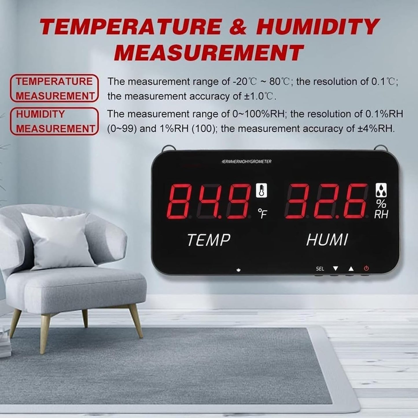 Temperature Humidity Meter, Wall-Mounted LCD Digital Thermometer with 5m Sensor & Alarm, Indoor/Industrial/Agricultural Use, Range -20 to 80℃