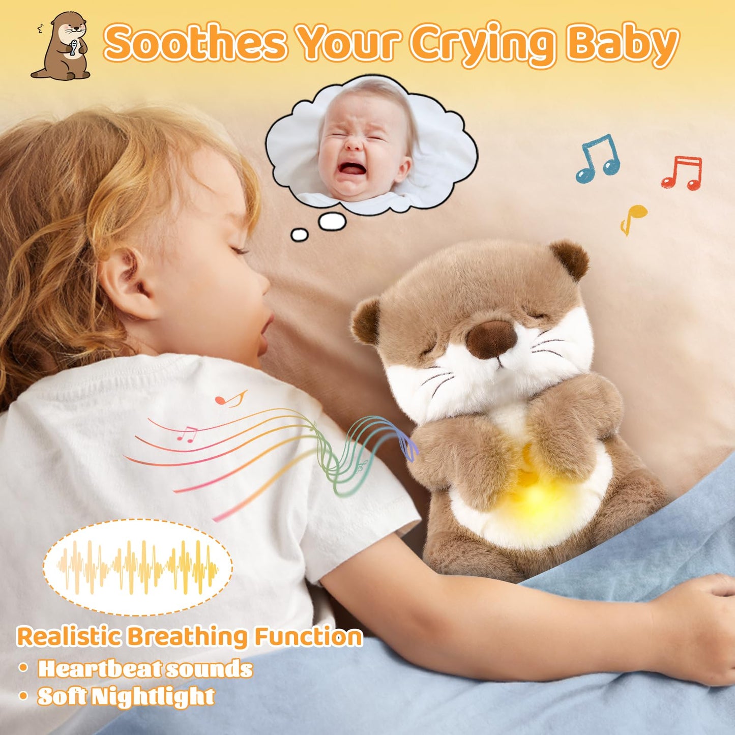 Emoin Otter Breathing Stuffed Animal, Volume Control Breathing Otter Plush Sleep Buddy with Realistic Breathing Motion and Lights Music Baby Plush Toy for Adults and Kids
