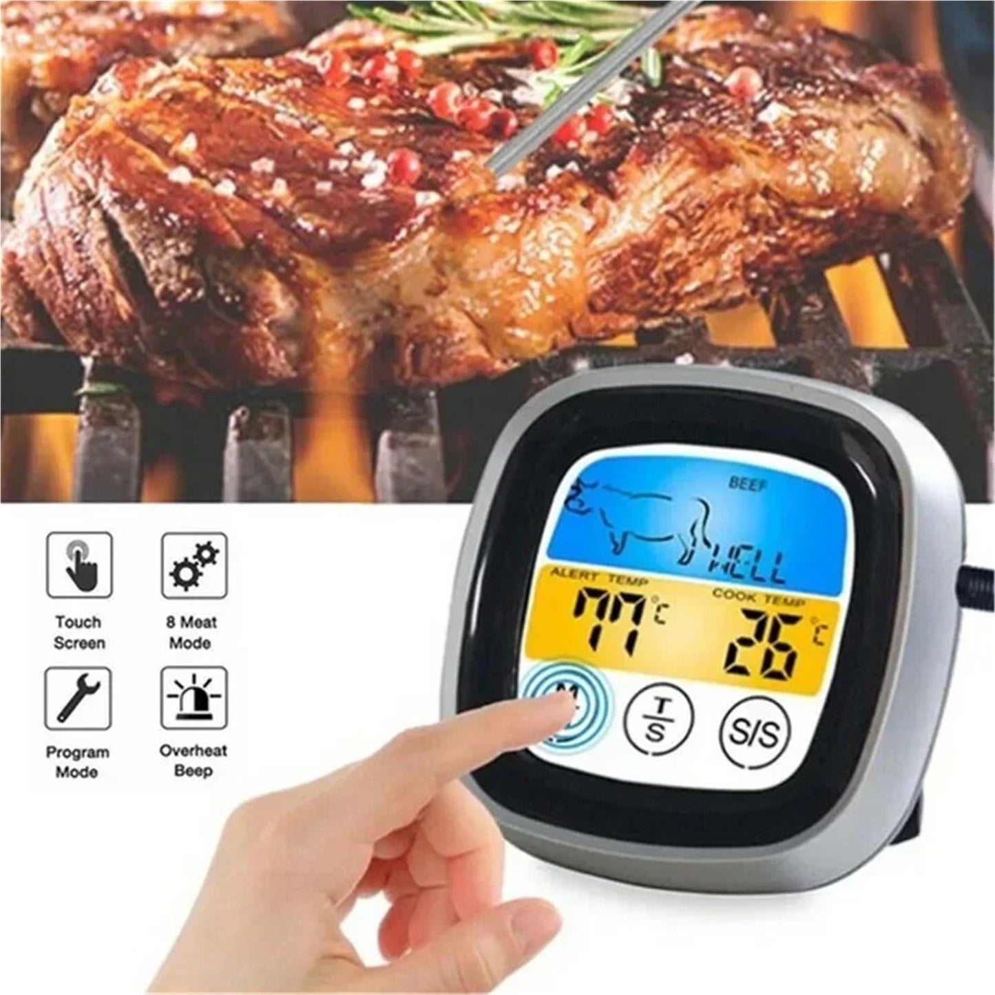 Digital Meat Thermometer for Oven Remote Read LCD Digital Food Thermometer Meat Probe Kitchen Cooking BBQ(Red)