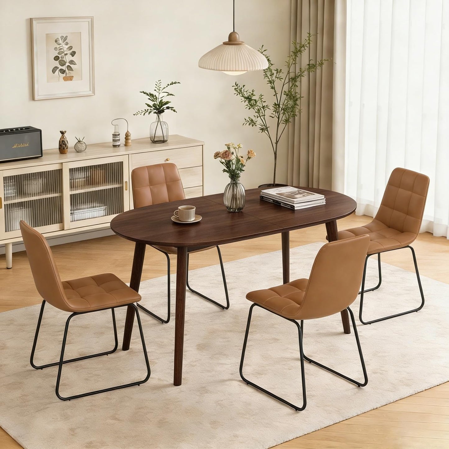 63" Oval Dining Table Set for 4, 5 Piece Modern Dining Table Set for Kitchen and Dining Room, Solid Wood Legs Dining Table with 4 Checkered PU Leather Dining Chairs（Walnut Table+4 Brown Chairs)