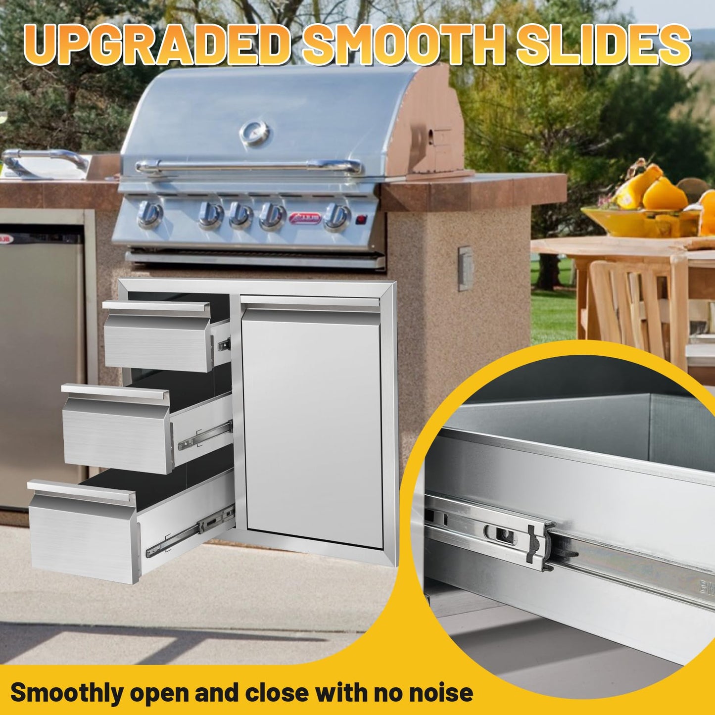 Tactralis Outdoor Kitchen Drawer Combo Cabinet Stainless Steel Triple Drawers & Trash Drawer with 2 Trash Cans, 28" W x 22" H x 19.5" D Outdoor Kitchen Cabinets for BBQ Grill Station
