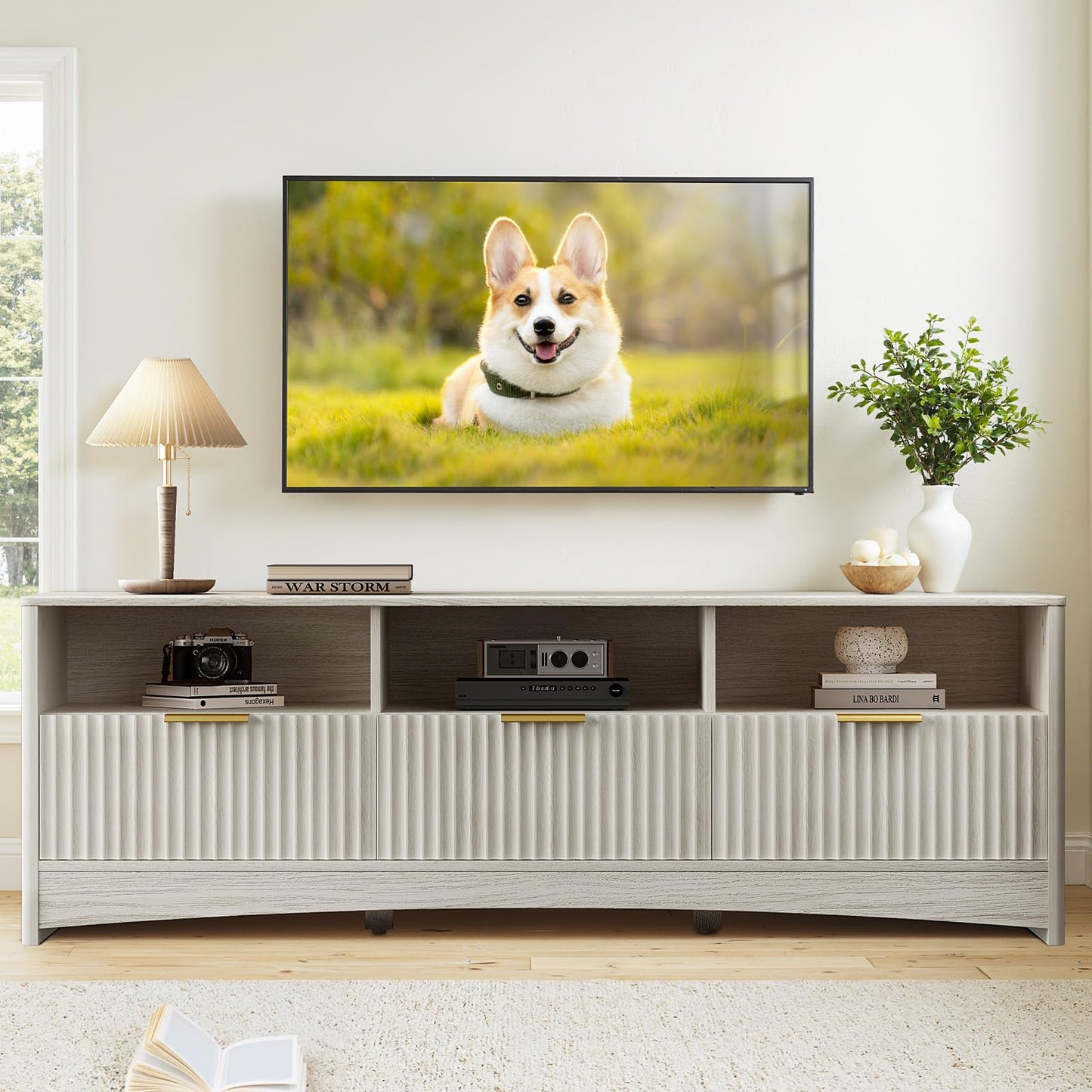 Marsail 59″ Wide TV Stand for TVs Up to 65″, Modern Entertainment Center with Fluted Panels, 3 Easy-Sliding Drawers, Open Shelves & Cable Hole, 3-Tier TV Stands for Living Room & Bedroom, Light Grey