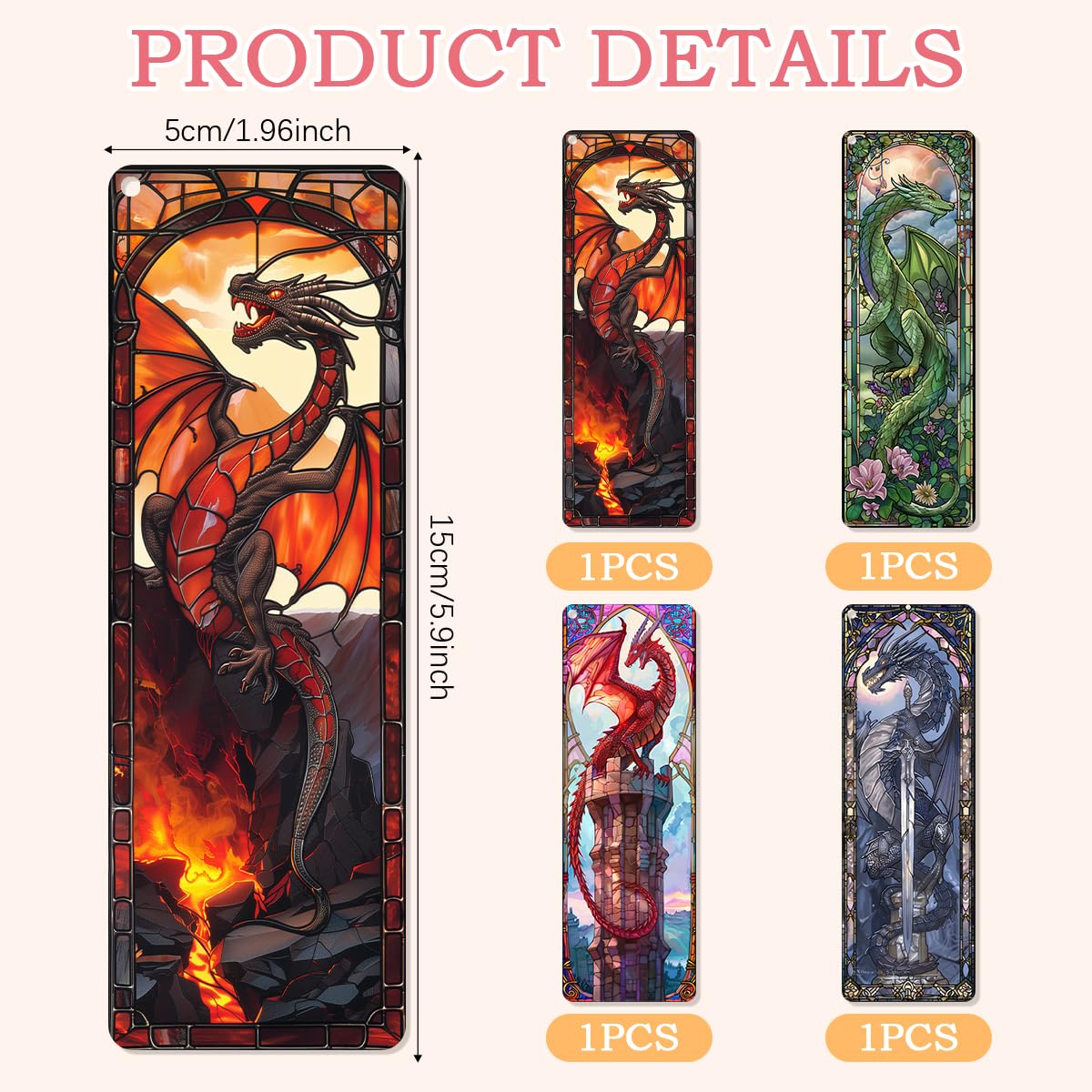 Zaamwoyy 4 Pcs Stained Glass Dragon Bookmarks Gifts for Women Men, Transparent PVC Bookmark with Tassels, Cool Book Lovers Accessories, Unique Reading Book Marks for Bookish Office School