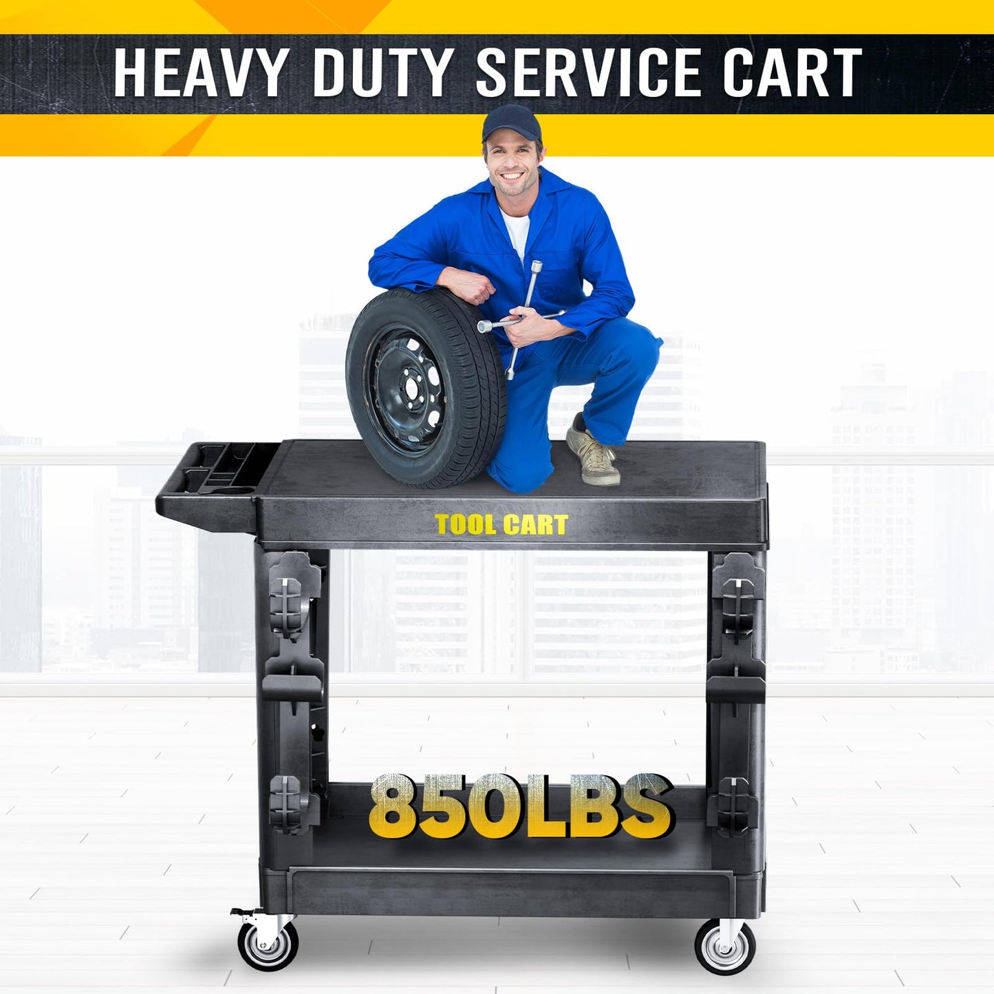 850LBS Large Heavy Duty Plastic Utility Cart, 42.5×25" Flat Top Service Cart With Full Swivel Wheels (2 With Brakes) & 2 Side Tube Holder Hook,2 Tier Work Cart For Office/Garden/Warehouse/Garage Black