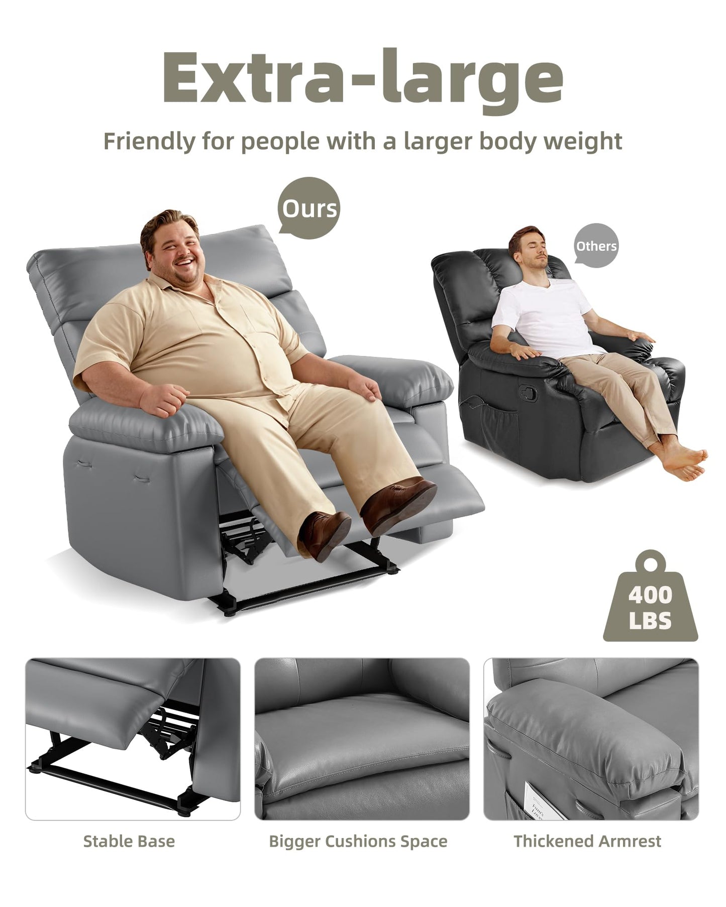 GarveeHome Oversized Wide Recliner Chair - Heat and Massage, PU Leather Extra Wide Manual Recliner for Adults, Large Lazy Chair with 1.5X Sponge Comfort Arm and Back for Living Room, Bedroom