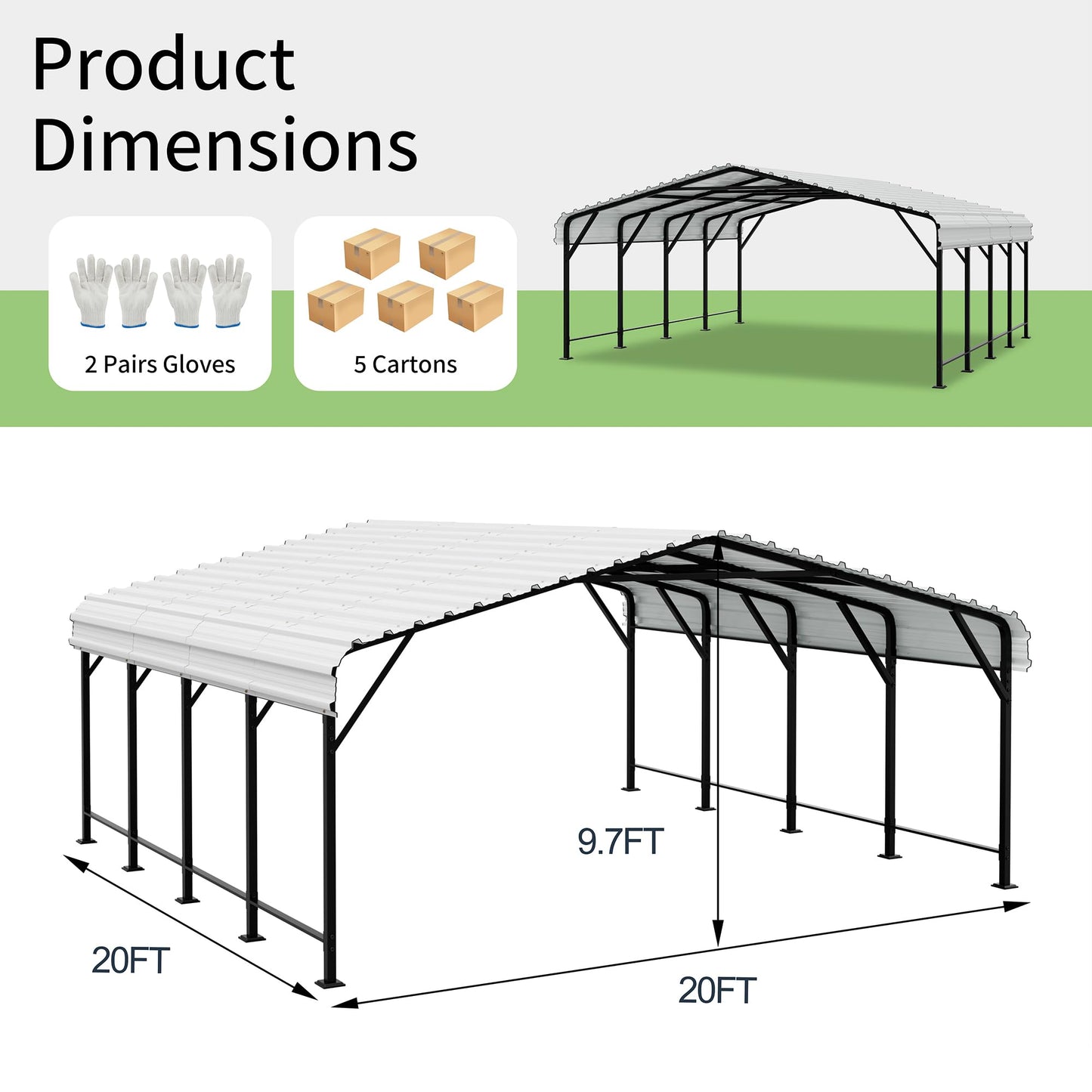 Shintenchi 20x20 FT Metal Carport, Oversized Carport Garage with Enhanced Base, Outdoor Galvanized Car Shelter, Heavy Duty Carports Canopy, for Car, Boats and Tractors, White
