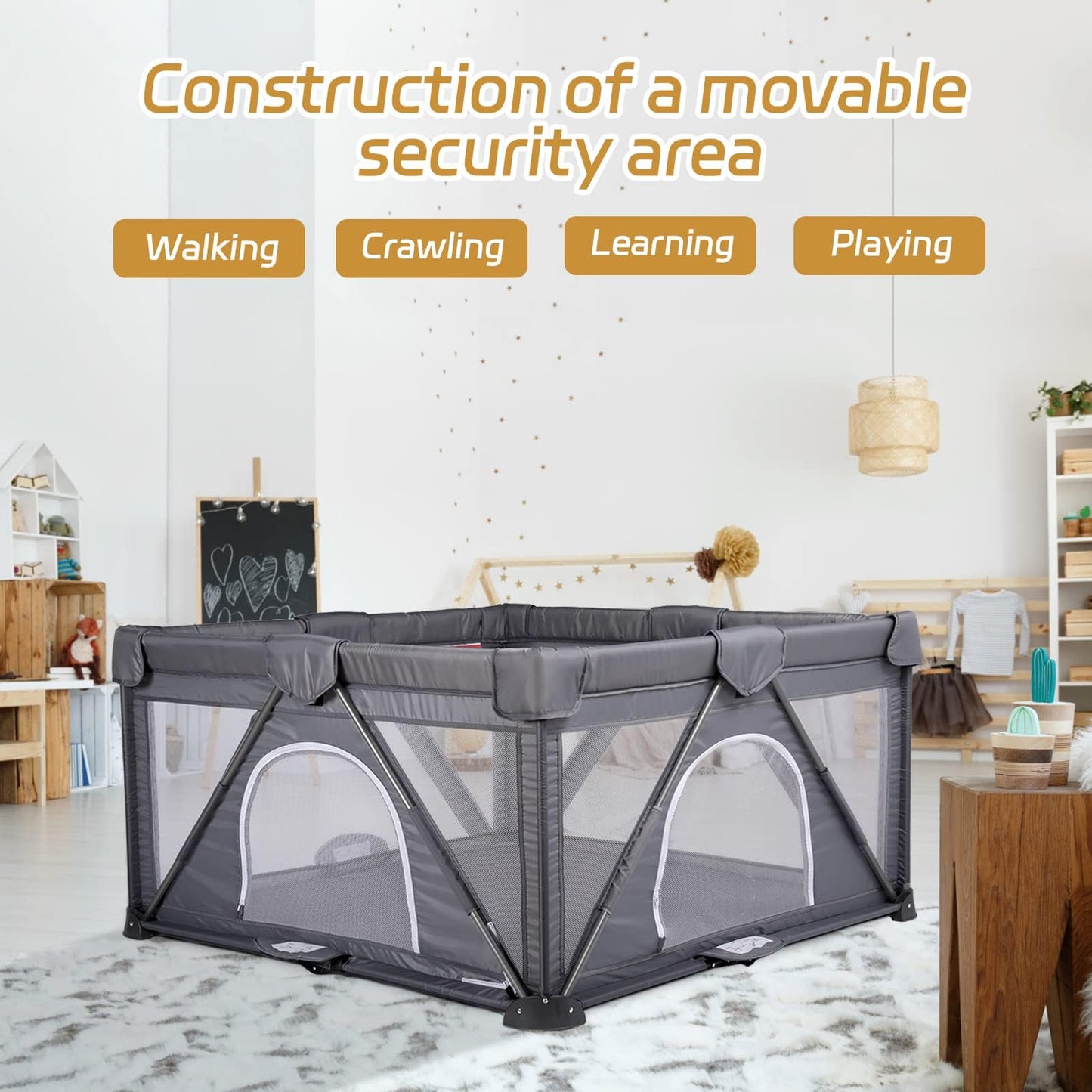 Foldable Baby Playpen, Extra Large Play Pen for Babies and Toddlers, Baby Fence Play Yard, Safety Kids Portable Playpin Indoor&Outdoor (50"X50",Dark Grey)