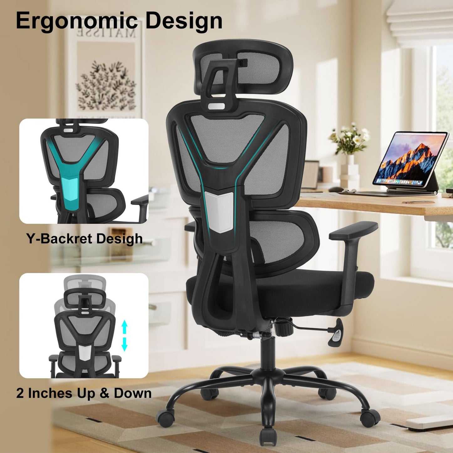 Home Office Chair, Ergonomic Desk Chair with Adjustable Height, Lumbar Support, High Back Mesh Computer Chair with Flip up Armrests, Task Chairs for Home Office - 300lb Executive Chairs (Black)