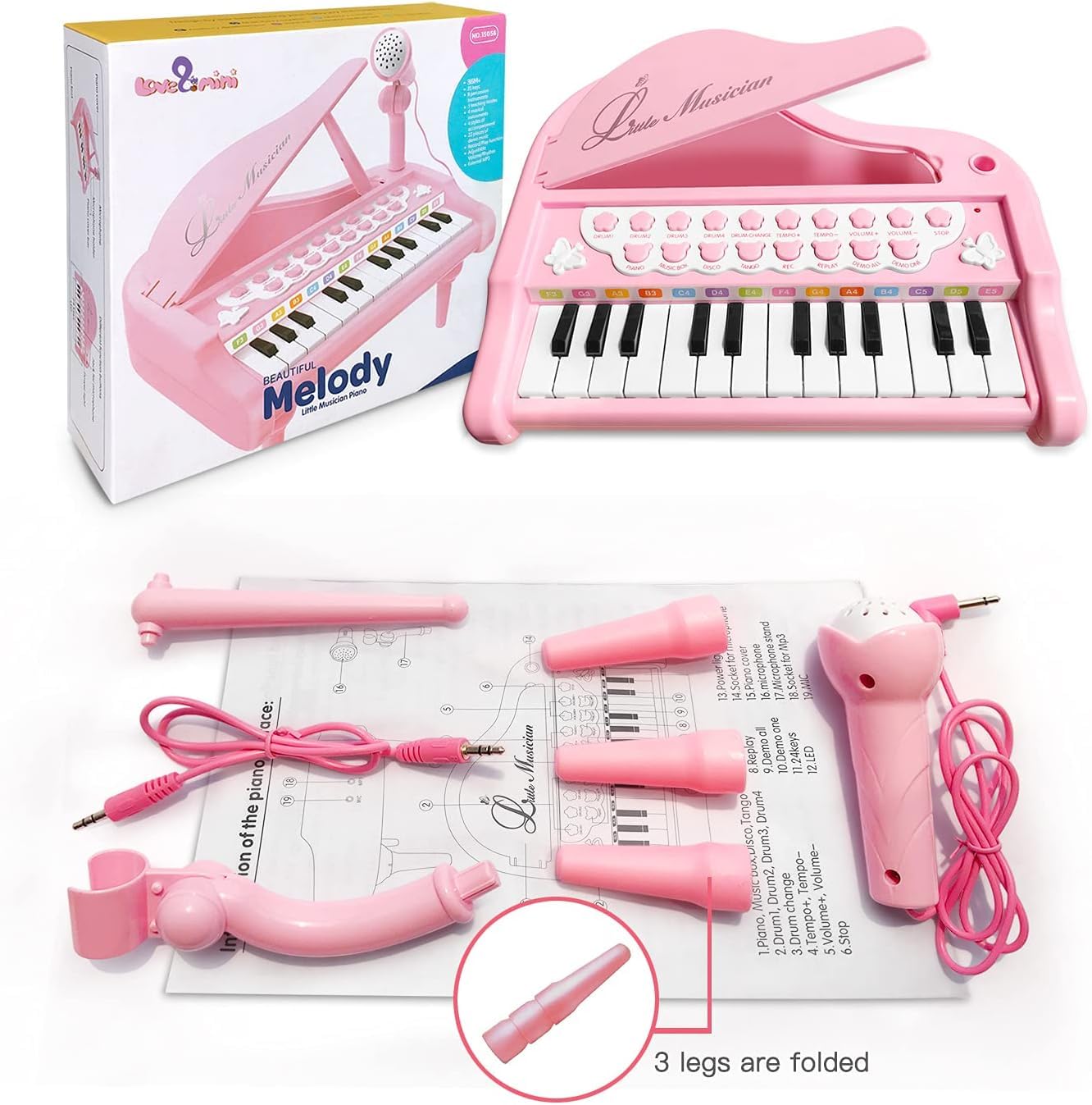 Love&Mini Piano Keyboard Toys for Girls - 24 Keys Toddler Piano Music Toy Instruments with Microphone，Pink Piano Toys for 1 2 3 4 5 Years Old Girls Birthday Xmas Gifts (24 Keys Pink Piano Toy)