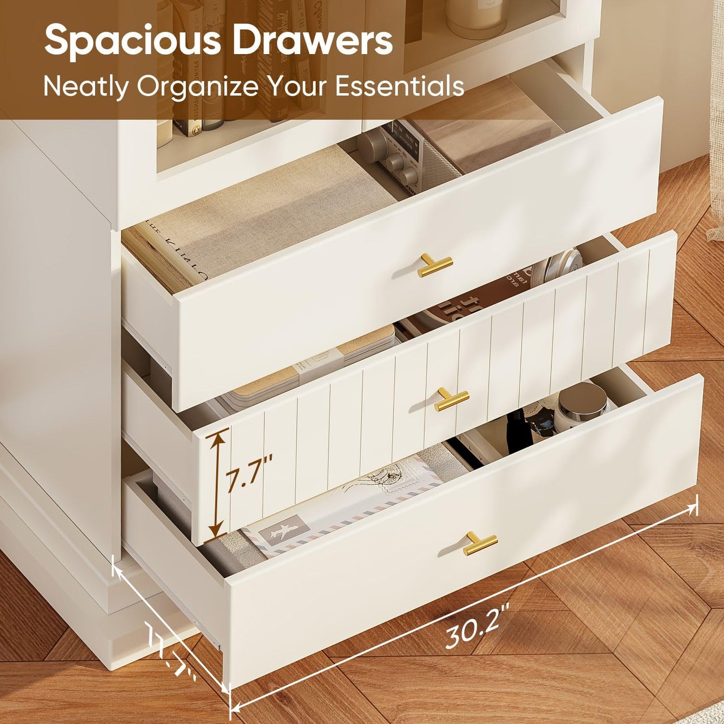 Vyre 71" Arched Kitchen Cabinet, Double Glass Door Display and Storage Cabinets with Drawers, Modern Pantry for Dining Room or Living Room, White with Gold Handles, 2 of Set