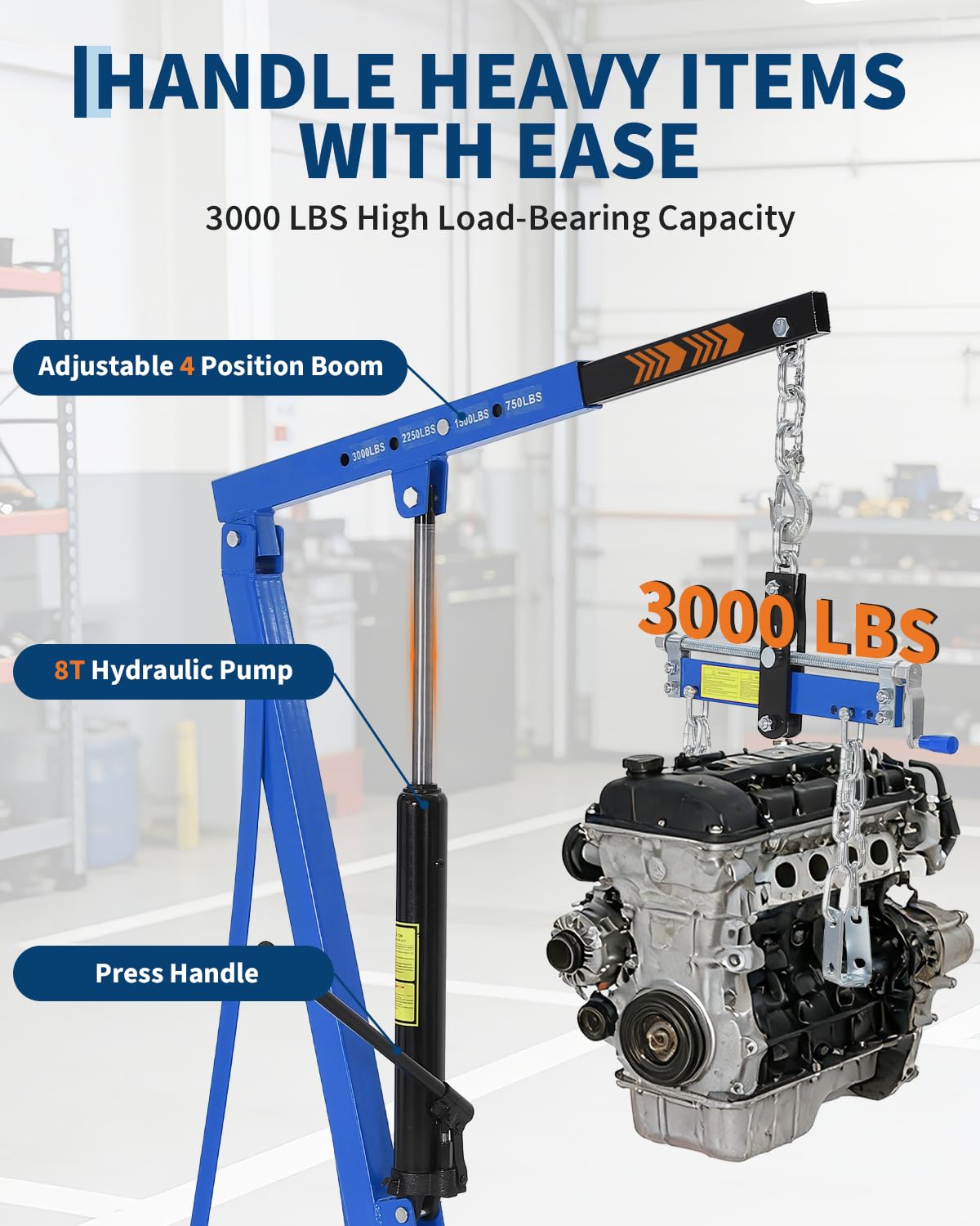3000 LBS Portable Hydraulic Engine Hoist, 1.5-Ton Telescoping Boom Shop Crane with 4 Heavy-Duty Casters, Garage & Warehouse Cherry Picker for Automotive, Machinery, and Equipment Lifting, Blue