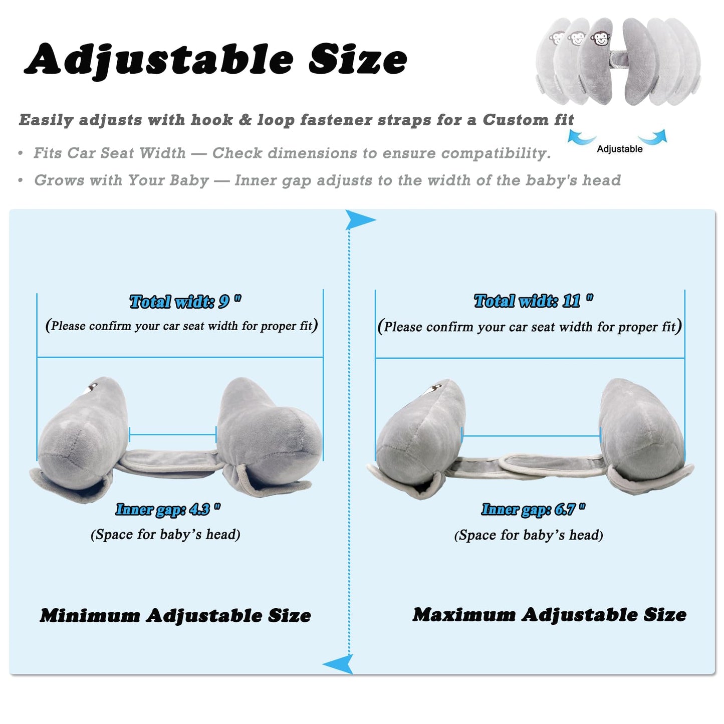 StoHua Baby Travel Pillow, Adjustable Head Neck Pillow for Infant Car Seat, Stroller Headrest Pillow for Infants, Banana Travel Headrest Pillow, Comfortble Toddler Neck Pillows for Pushchair, Gray