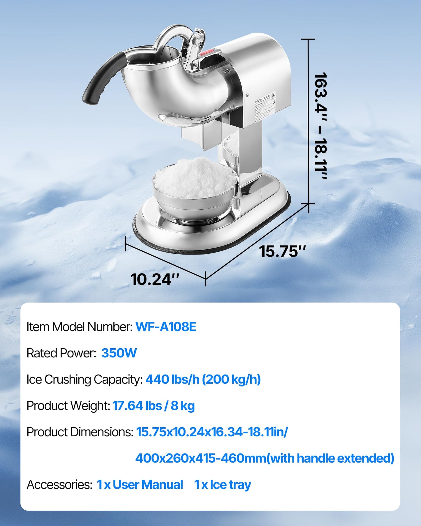VEVOR Ice Crusher Machine, 440lbs Per Hour Electric 4 Blades Snow Cone Maker, All Stainless Steel Shaved Ice Machine with Bowl and Cover, 350W 1400RPM Ice-Shaver for Home and Commercial Use, Silver