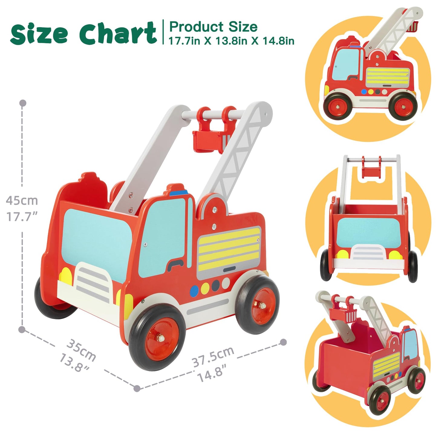 Labebe Wooden Baby Push Walker - Learning Toy for Toddlers 1-3 Year Old Boys and Girls, Fire Truck With Wheels