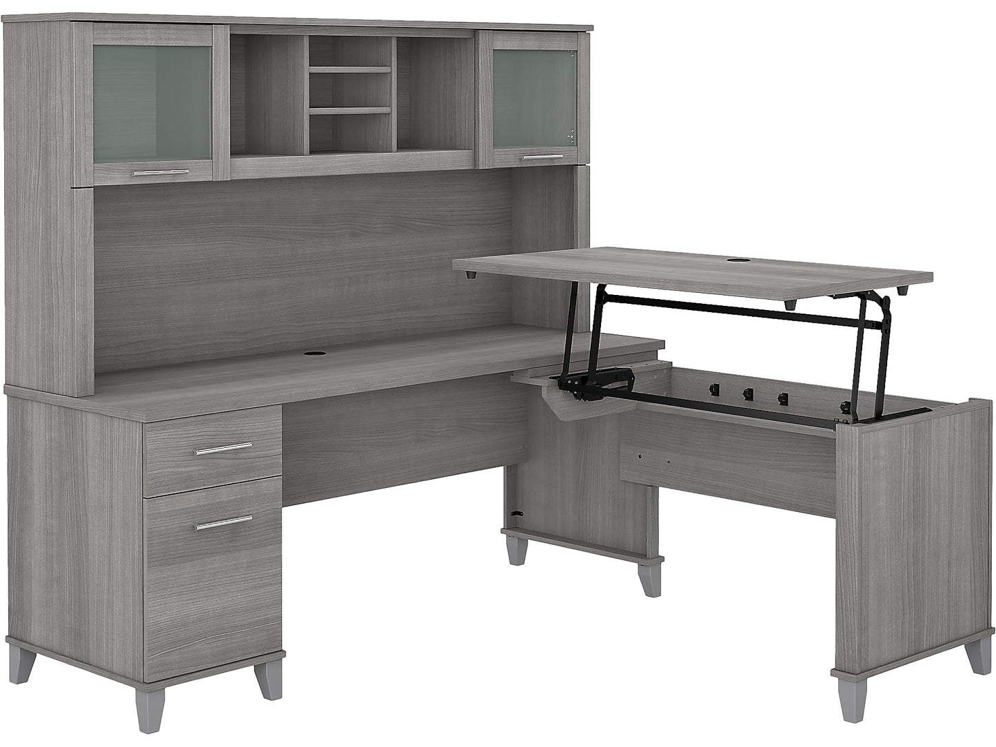 Bush Home Somerset 72W 3 Position Sit to Stand L Shaped Desk with Hutch in Platinum Gray | Adjustable Height Table for Office