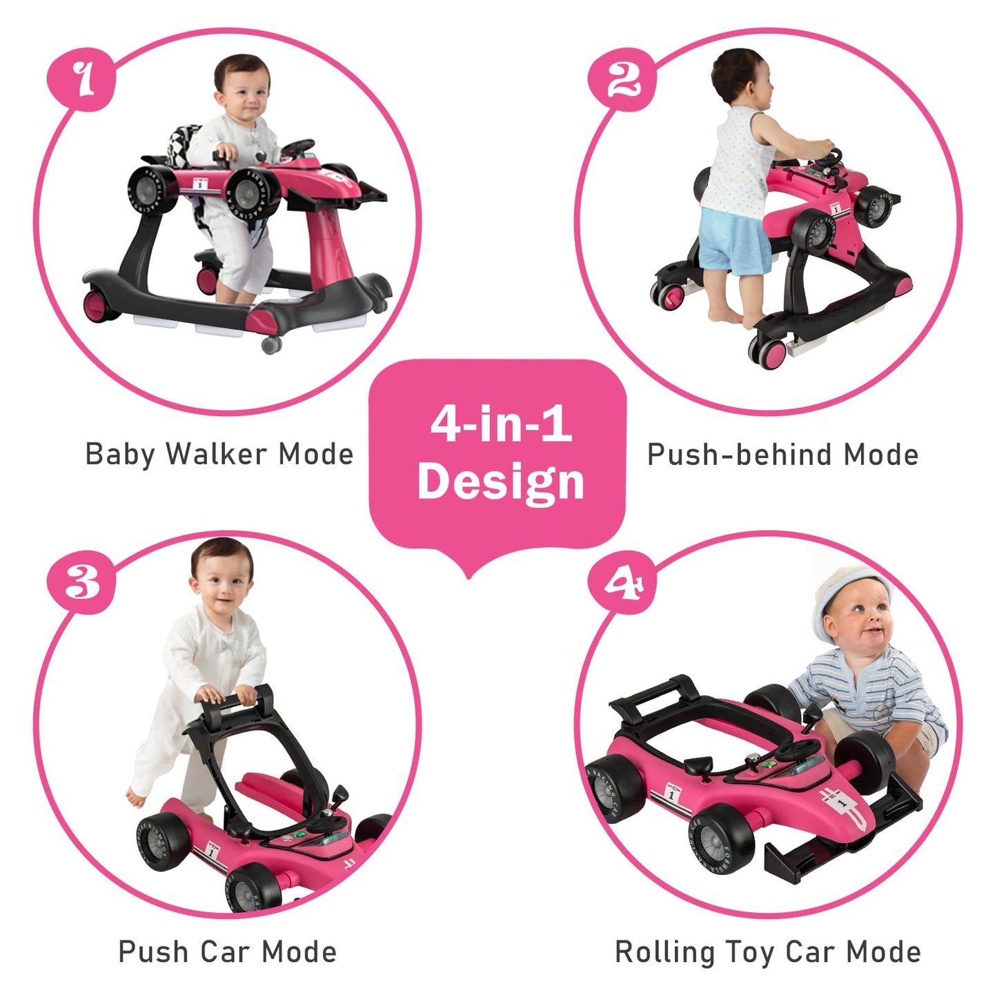 BABY JOY 4-in-1 Baby Walker, Foldable Activity Walker with Adjustable Height & Speed, Music, Lights, Anti-Rollover, Toddler Push Walker, Baby Walker with Wheels for Boys Girls 6-18 Months (Pink)