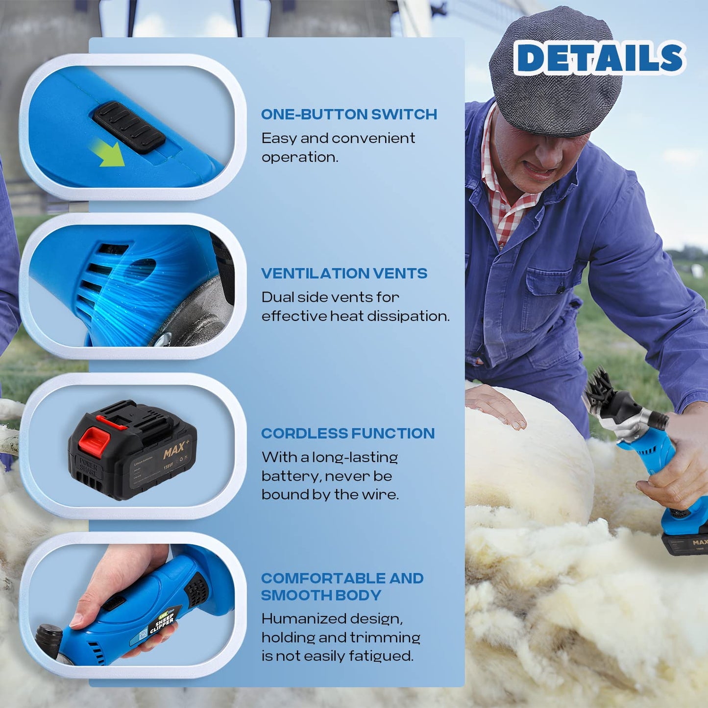 LuzRise Sheep Shears Cordless 550W 2400RPM Professional Rechargeable Shearing Clipper 21V with 6 Speed, for Shaving Fur Wool in Sheep, Goat, Cattle, and Other Farm Livestock, with 2 Lithium Batteries
