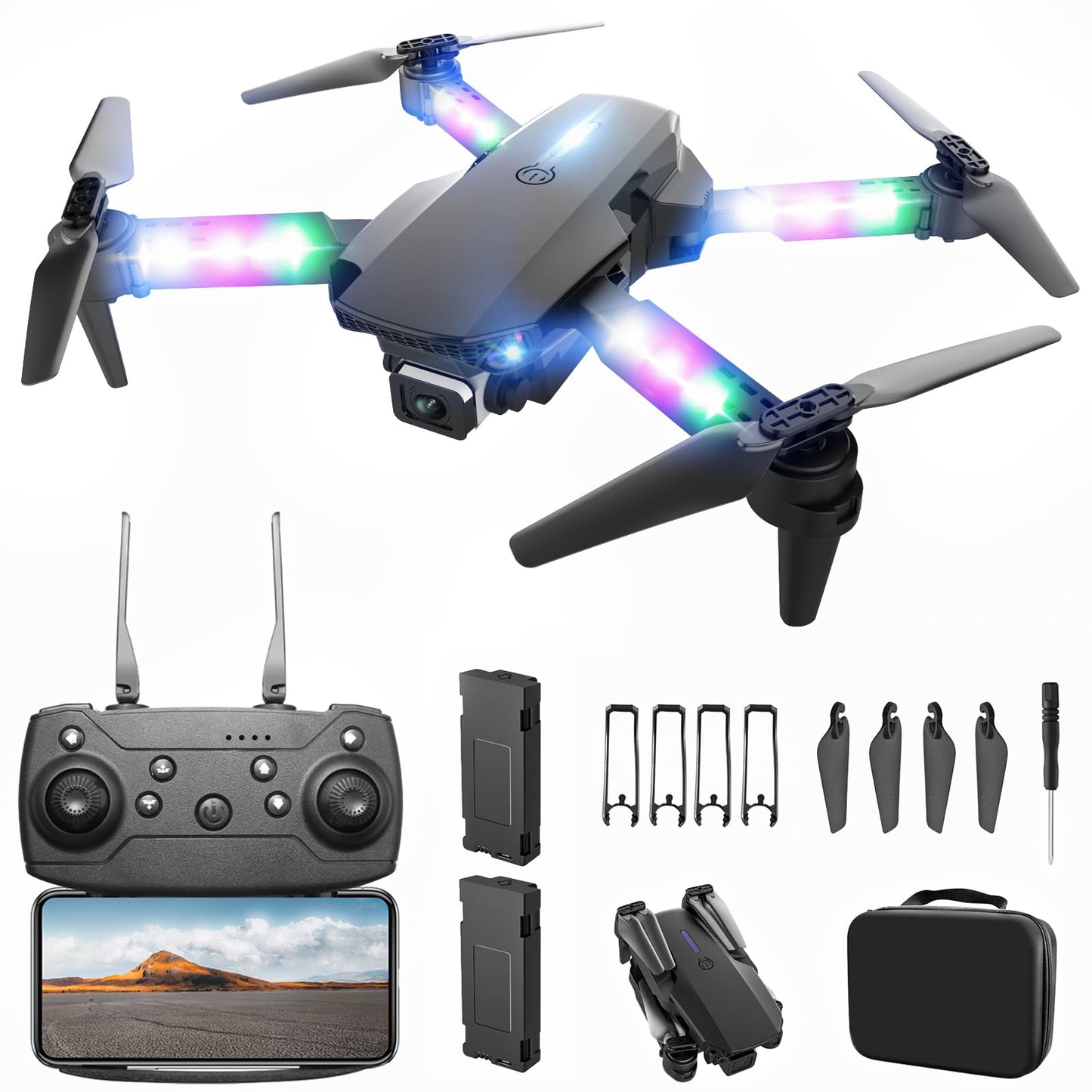 BEZGAR Drone with Camera for KIds - 1080P HD FPV RC Quadcopter with 90° Adjustable Lens, Coloeful LED Lights, Gestures Selfie, One Key Start, 360° Flips, Toys Gifts Mini Drones for Boys Girls, Black