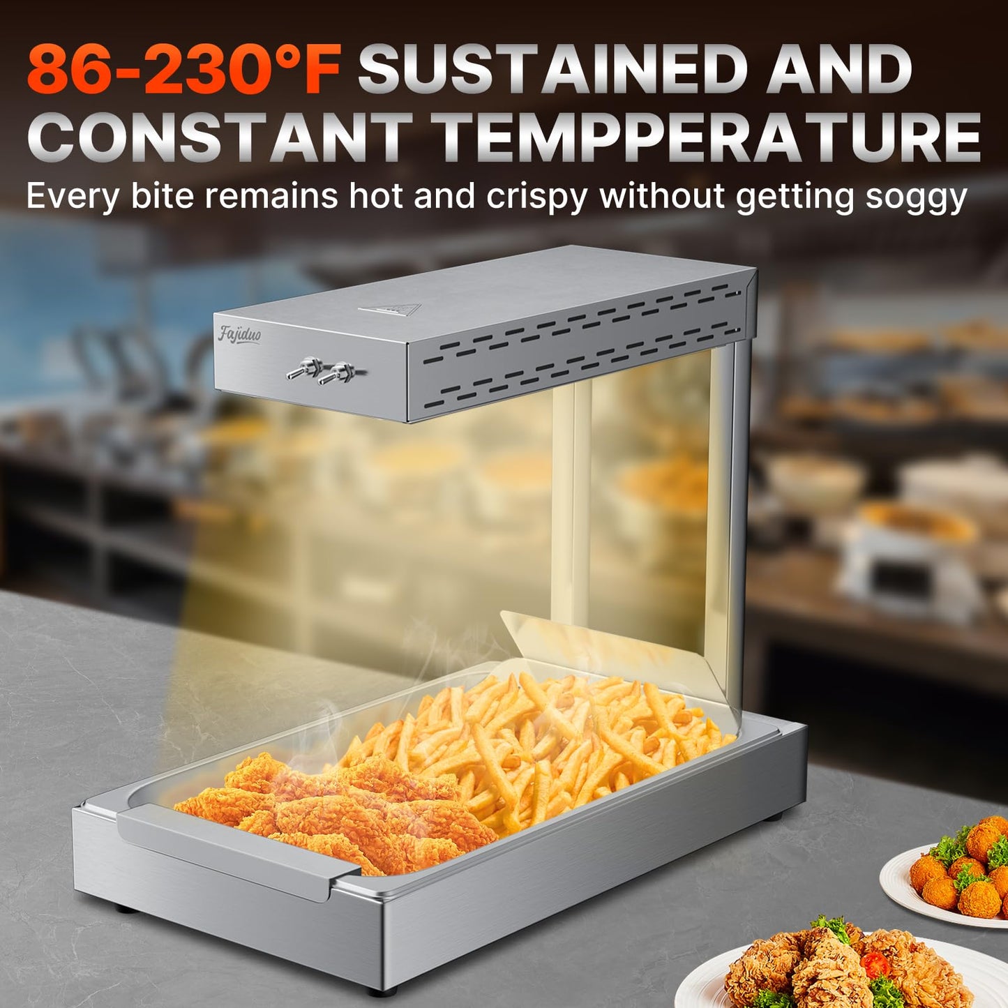 Fajiduo French Fry Food Warmer, 750W Electric Stainless Steel Warming Light Dump Station, 5.5QT Commercial Food Heating Lamp, Countertop Fries Food Warmer for Parties Kitchen Restaurant Buffe(Silver)