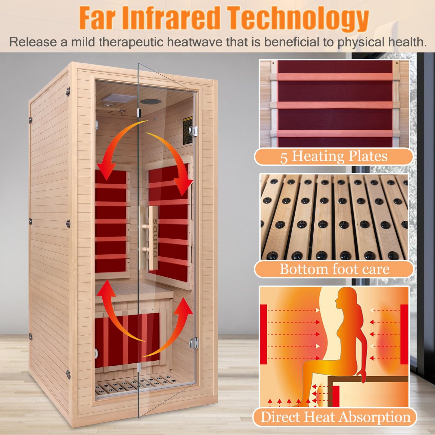 Homsido Home Sauna for 1 Person, Canadian Hemlock Wood Indoor Sauna with Far Infrared Heat Therapy, 1200W Low EMF Heating, Bluetooth Speakers & LCD Control Panel