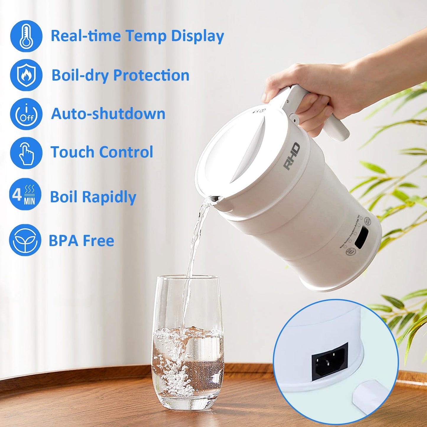 Travel Foldable Electric Kettle, 700ML Hot Water Kettle with Multifunctional Panel, Collapsible Small Boiling Water Kettle with Keep Warm & Delay Start, BPA-Free, 600W, 304 Stainless Steel, White