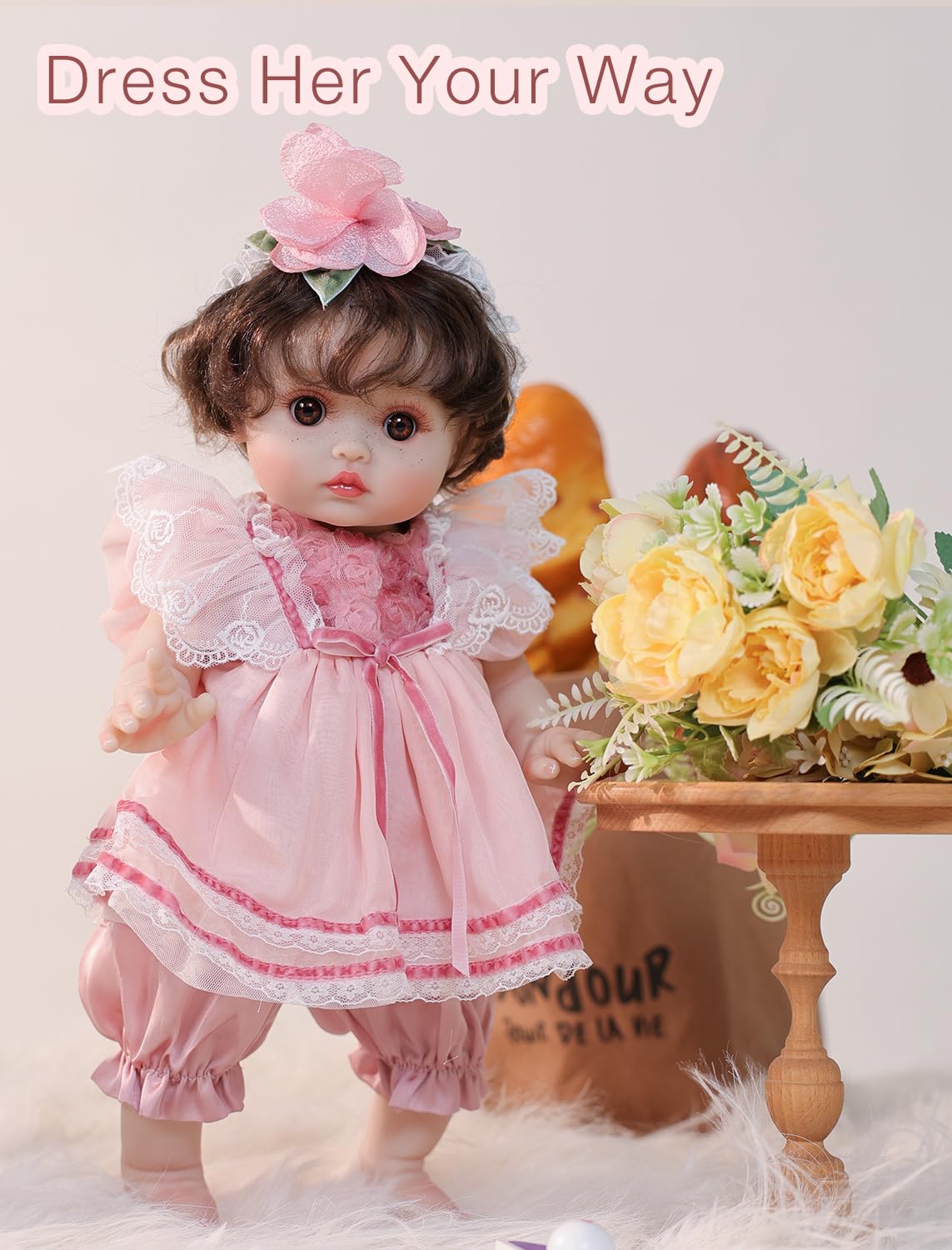 Cloveray Baby Dolls, 18 Inch Realistic Reborn Full Vinyl Baby Doll with Brown Curly Hair, Hand-Painted Freckles & Cozy Red Outfit for Girls Ages 3+, Pretend Play, Display & Collection