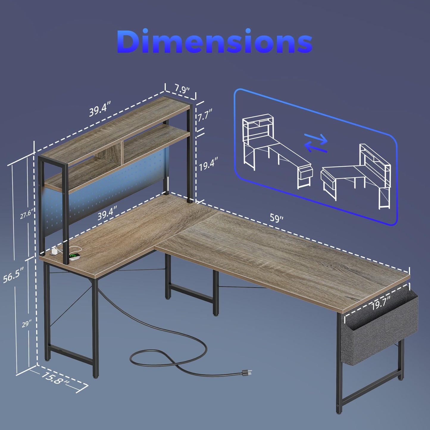 Mericonia 59 inch Large L Shaped Desk with Pegboard Hutch & Shelves, Corner Gaming Desk with Power Outlet, LED Light & Storage Bag, Reversible Computer Desk for Home, Bedroom, Office Workspace, Grey
